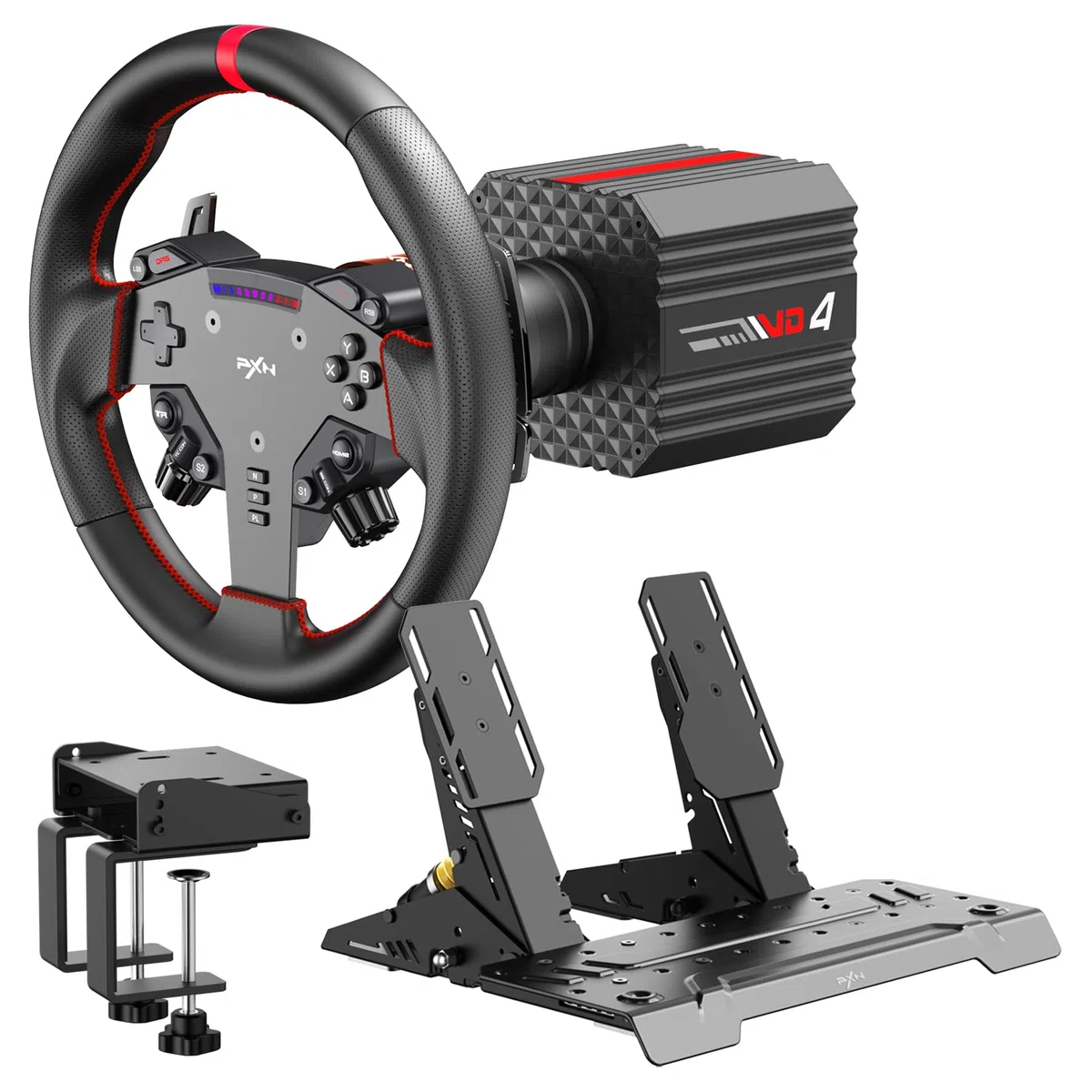 PXN VD4 Kit Volante de Carreras Direct Drive – Base con Motor Servo de 4 Nm y Quick Release, Volante de Juego W AS, Pedales PD HM de Freno y Acelerador, Abrazadera de Mesa – Compatible con PC Windows