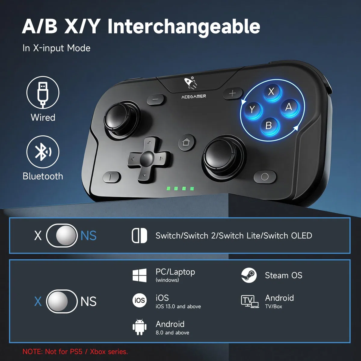 AceGamer Pocket Controller, Mando inalámbrico para Switch/PC/iOS/Android, minicontrolador con Joystick, Turbo, Sensor giroscópico de 6 Ejes y activación con un Solo botón（Negro）