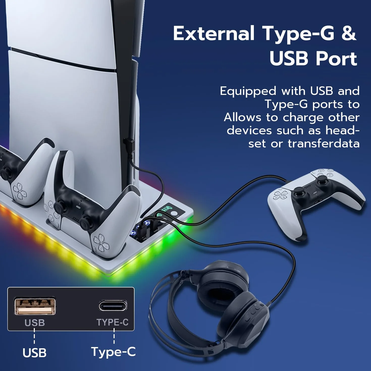 Soporte para PS5 / Slim/Pro, Ventilador de Refrigeración de 3 Velocidades, Cargador de Controlador para PS5 con Indicador RGB, Estación de Carga PS5 Slim Digital/Disc Edition con 2 USB
