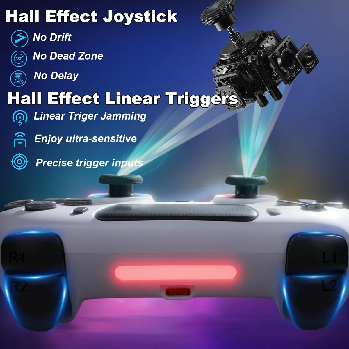 DuLingKer Mando Inalámbrico Compatible con PS4/Pro/Slim, Hall Effect Mando con Hall Joystick/Trigger(Sin Deriva), Vibración, Luz RGB, Audio/Micrófono, Botón M1/M2, Bluetooth Mando Compatible con PS4