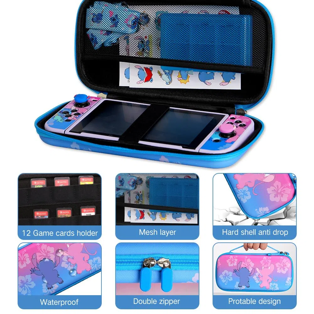 PERFECTSIGHT Funda de transporte para consola Nintendo Switch con accesorios 10 en 1, Paquete azul y morado, S y A