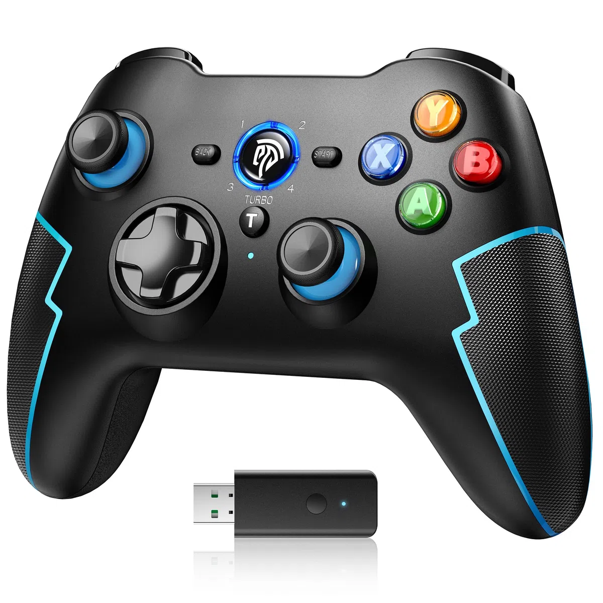 EasySMX 2.4G/Bluetooth Mando PC Inalambrico con Hall Trigger - Turbo - Vibración - Batería Incorporada - para PC/PS3/Switch/Android TV Box/Móvil/Tableta/Portátil - Negro con Azul
