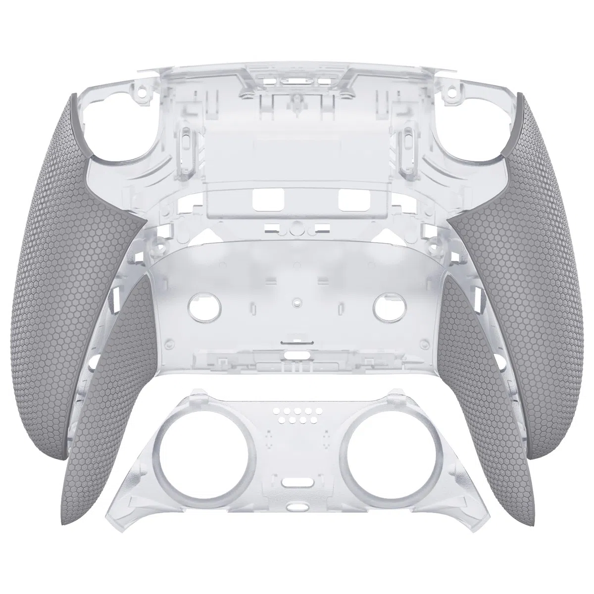 eXtremeRate Beyond ARC Carcasa Inferior Compatible con ps5 Edge Controller Accesorios Placa Cubierta Trasera con Grip de Goma de Repuesto y Marco Decorativo para ps5 Edge Mando (Gris & Transparente)