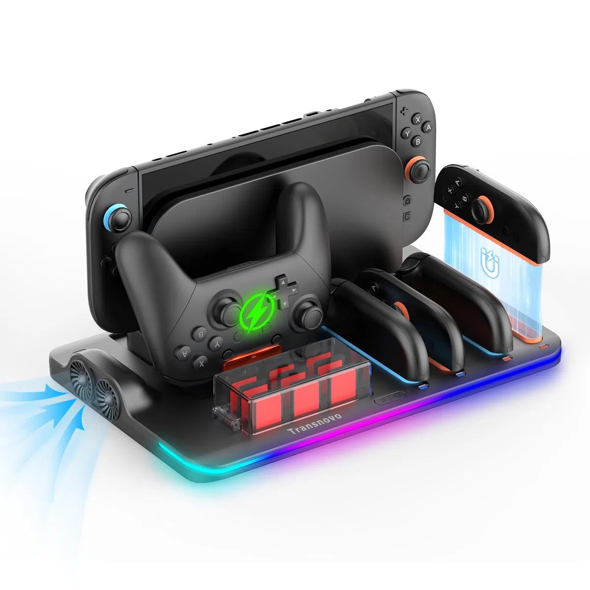 Transnovo Base de Carga para Switch 2 Consola Accesorios, Joycon & Mando Pro, Cargador Mando Switch 2 con Ventiladores, 9 Ranuras para Cartas, LED & 9 Modos RGB, Protección Inteligente