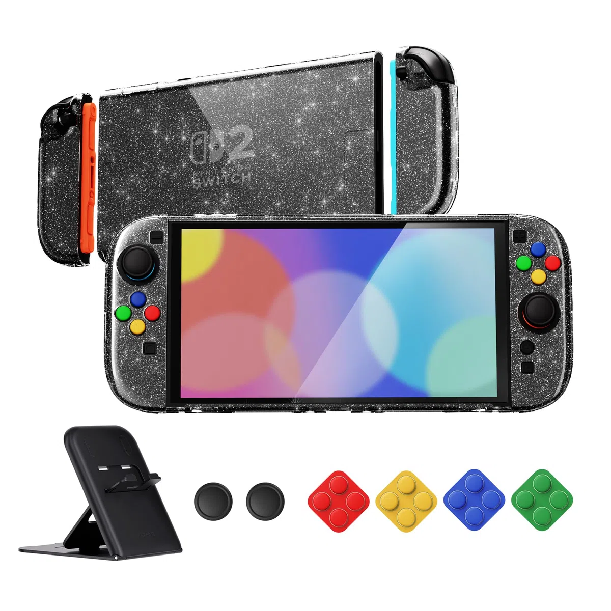 PlayVital Funda Protectora Transparente para Nintendo Switch 2 (2025) - Carcasa Rígida Dockable con Soporte Plegable y Tapas para Joysticks, Protector Antigolpes para Switch 2 (Plateado Brillante)