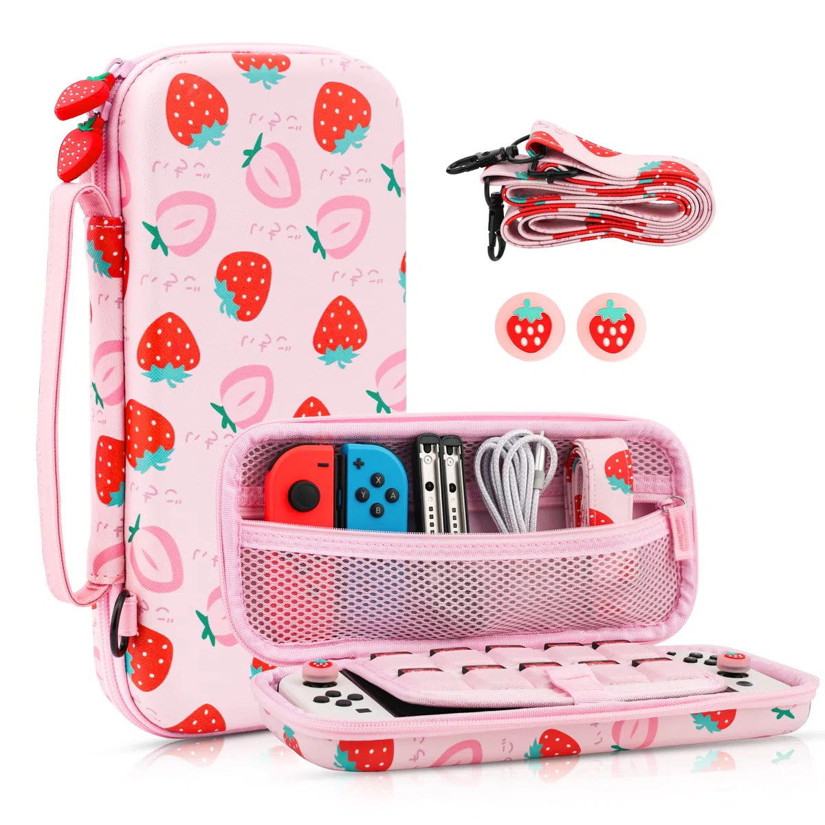 FANPL Funda de Transporte para Nintendo Switch y Switch OLED, Paquete de Funda de Viaje Rosa Fresa con Correa de Hombro Ajustable, agarres para el Pulgar, Funda Protectora rígida antiarañazos, Pink
