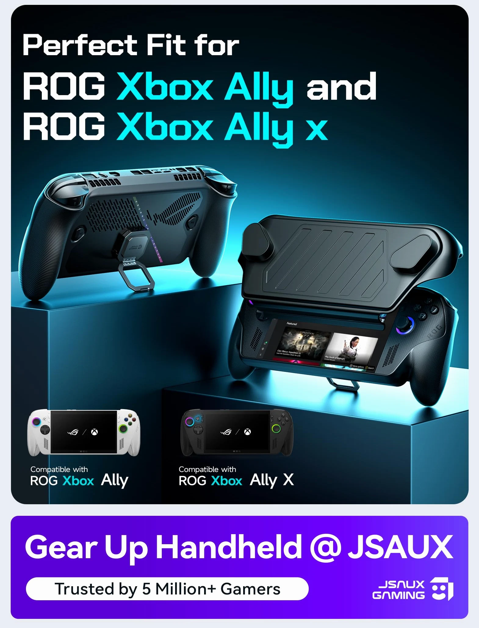 JSAUX ModCase para ROG Xbox Ally/Ally X, Funda Protectora con Soporte | Cubierta frontal extraíble, ranuras Micro SD, correa de sujeción y agarre antideslizante