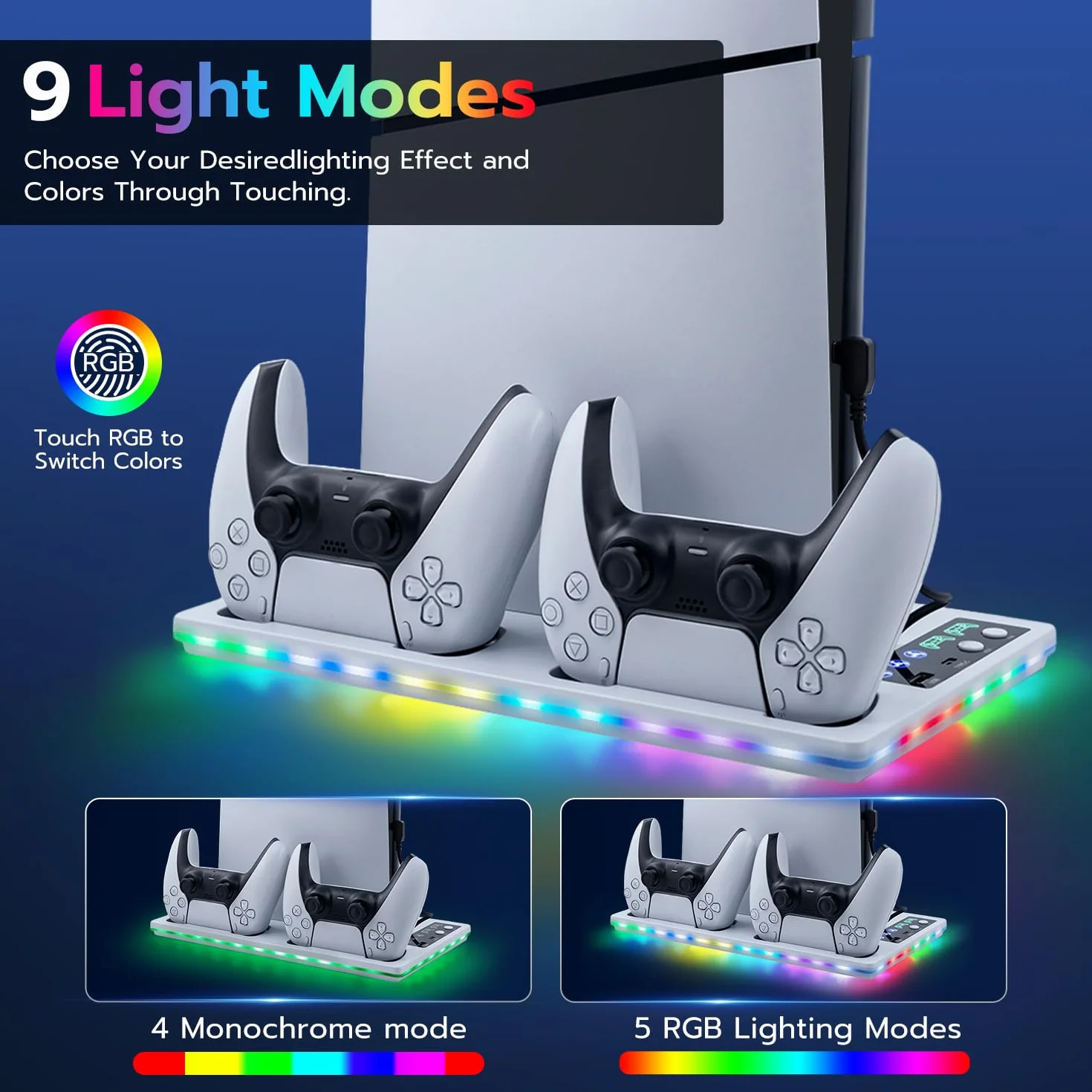 Soporte para PS5 / Slim/Pro, Ventilador de Refrigeración de 3 Velocidades, Cargador de Controlador para PS5 con Indicador RGB, Estación de Carga PS5 Slim Digital/Disc Edition con 2 USB