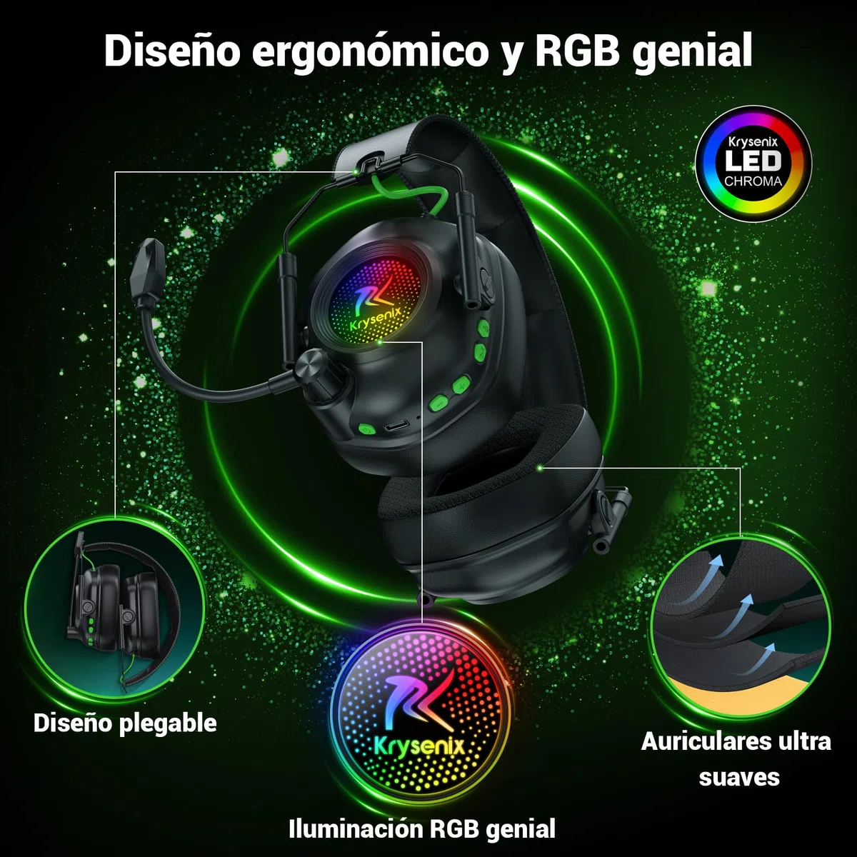 Krysenix KGH2 Cascos Gaming Inalámbricos, 2.4 GHz Auriculares Gaming para PS4, PS5, PC, Mac, Switch, Auriculares Bluetooth con Micrófono, Cancelación de Ruido, Luz LED y Duración 40Hr+, Negro