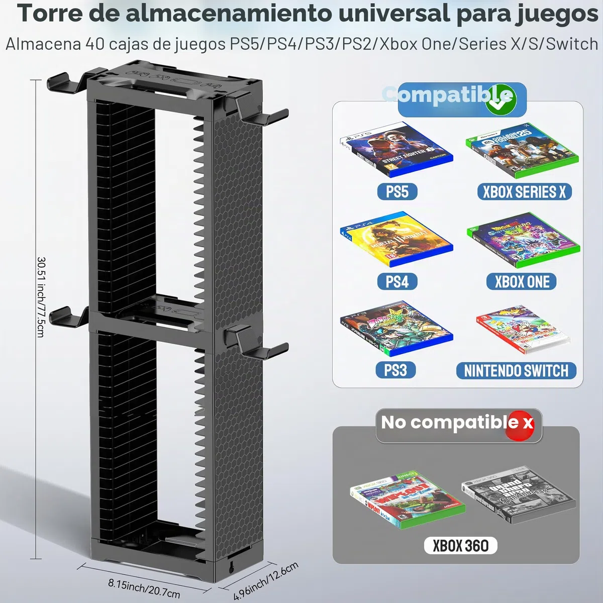 Torre de Almacenamiento de Videojuegos con Soporte para Mando, Soporte Juego para NS 2/PS5/PS4/Xbox, Organizador de Videojuegos para 40 Discos, Vertical & Horizontal Estantería Discos, Accesorio juego