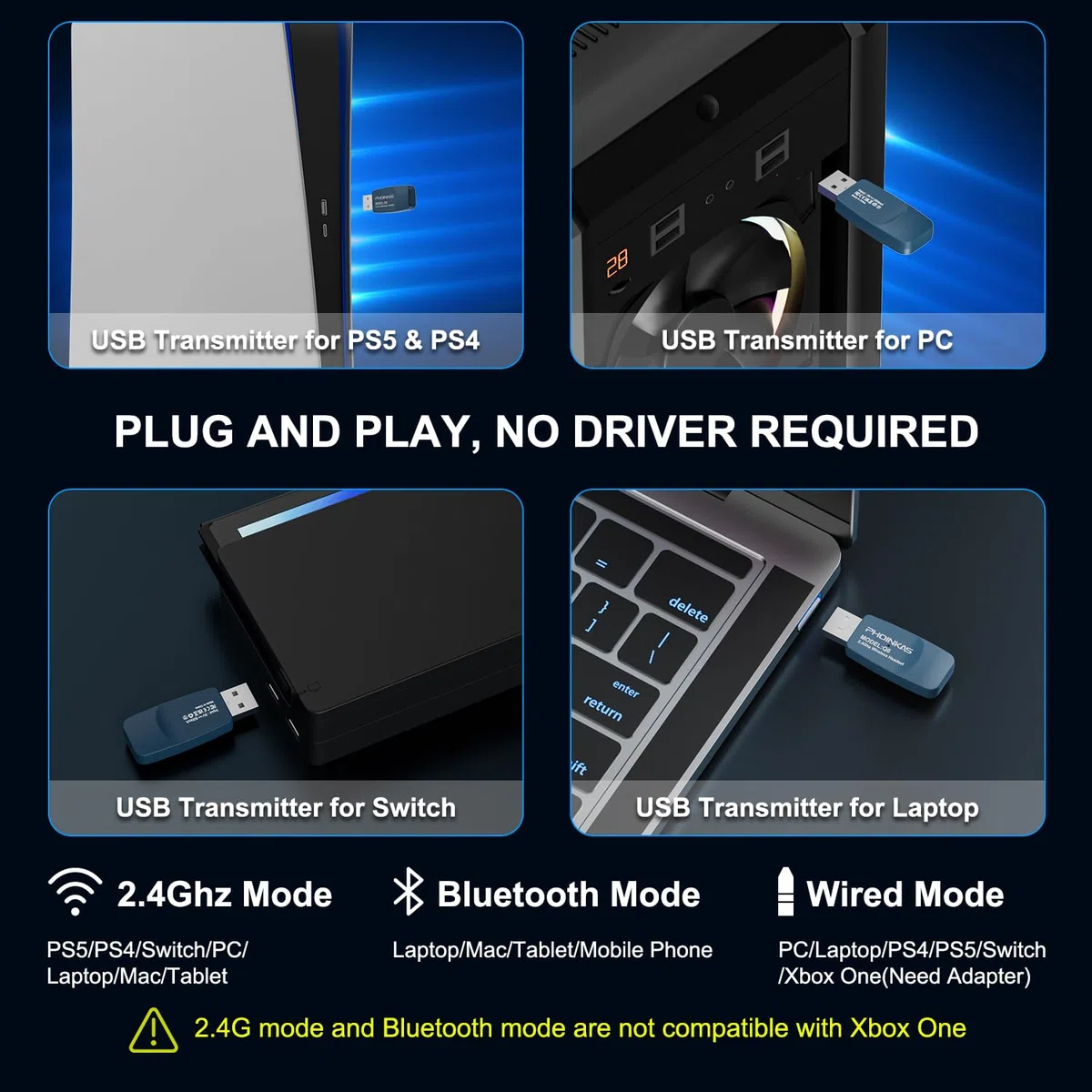 PHOINIKAS Cascos Gaming Inalámbricos para PC/PS5/PS4, Auriculares Gaming Inalámbricos de 2,4GHz USB Wireless+Bluetooth 5.3, Baja Latencia Calidad de Sonido 7.1 sin Pérdidas, 30+ Horas, Luz LED (Azul)