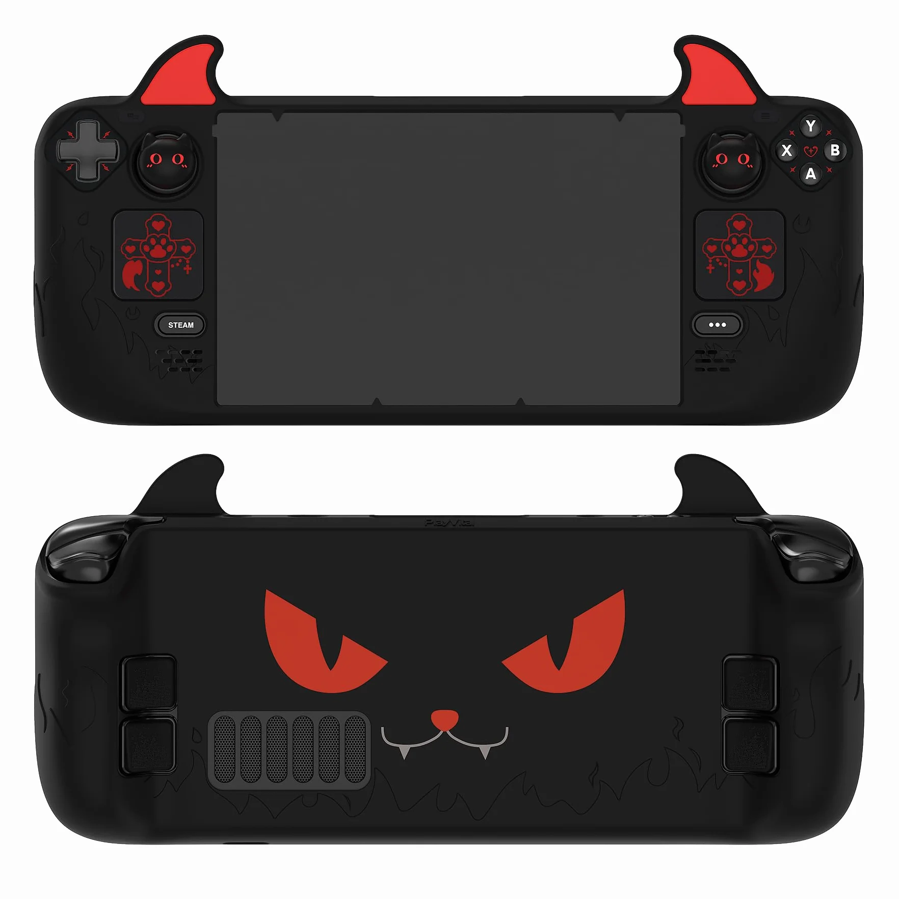 PlayVital Funda de Silicona para Steam Deck LCD & OLED - Protector Antideslizante con Tapas de Joystick & Pegatinas para Trackpad & Mejora de Botones Traseros Set, Diseño Cute Demon (Negro)