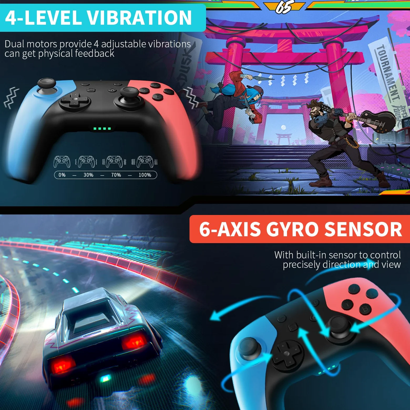 AceGamer Mando para Switch/Switch 2/ Lite/OLED con función Despertador con una tecla/Doble vibración/botón programable/Joystick Hall(Rojo&Azul)