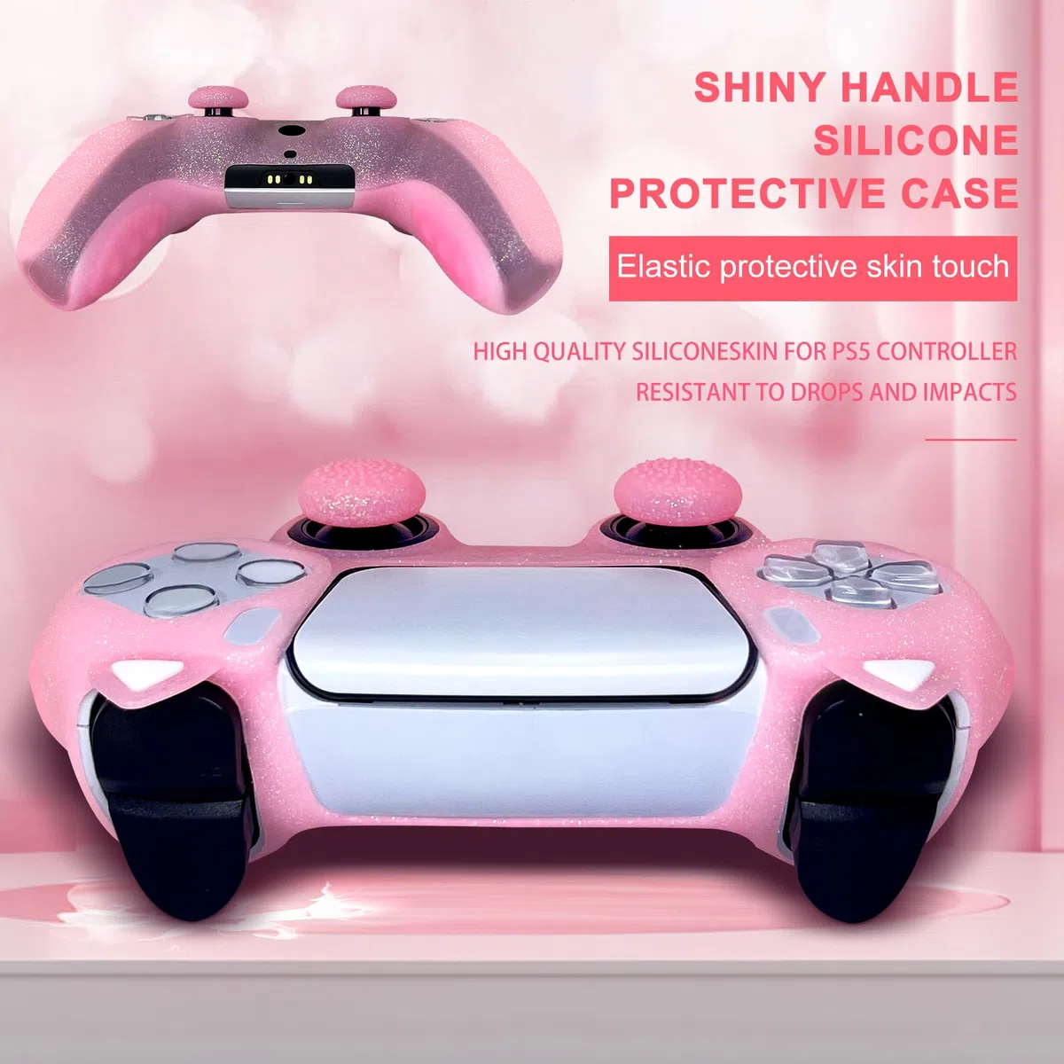 Funda Protectora de Silicona Antideslizante con Purpurina de Gato Rosa Compatible con Controlador PS5/Slim/Pro, 8 Tapas de Agarre para Pulgar con Purpurina y 2 Tapas de Agarre de Patas.