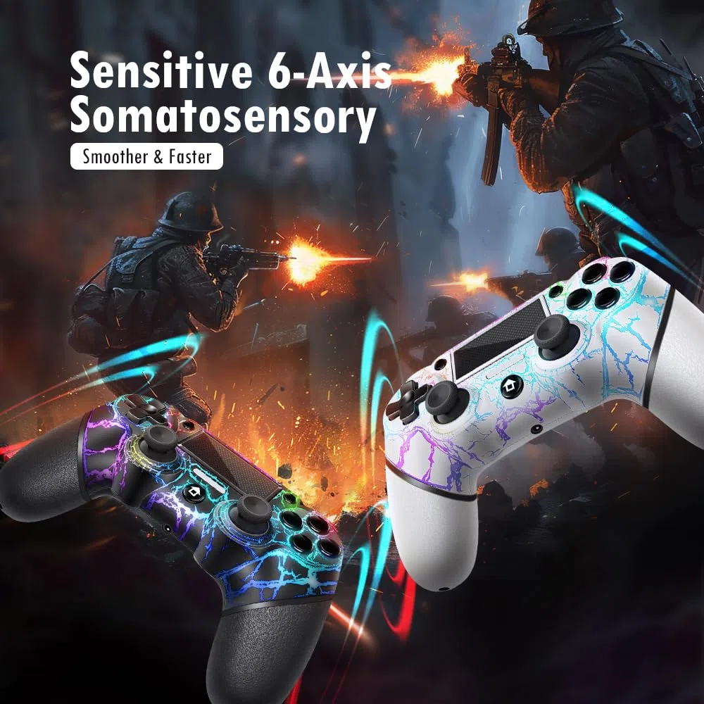 AceGamer 2 Pack Mando Inalámbrico para PS4，Mando de Juego para PS4/Pro/Slim/PC，Gamepad Joystick con Turbo/Botón Trasero/Doble Vibración/6-Axis Sensor Giroscópico (Grietas en blanco y negro)