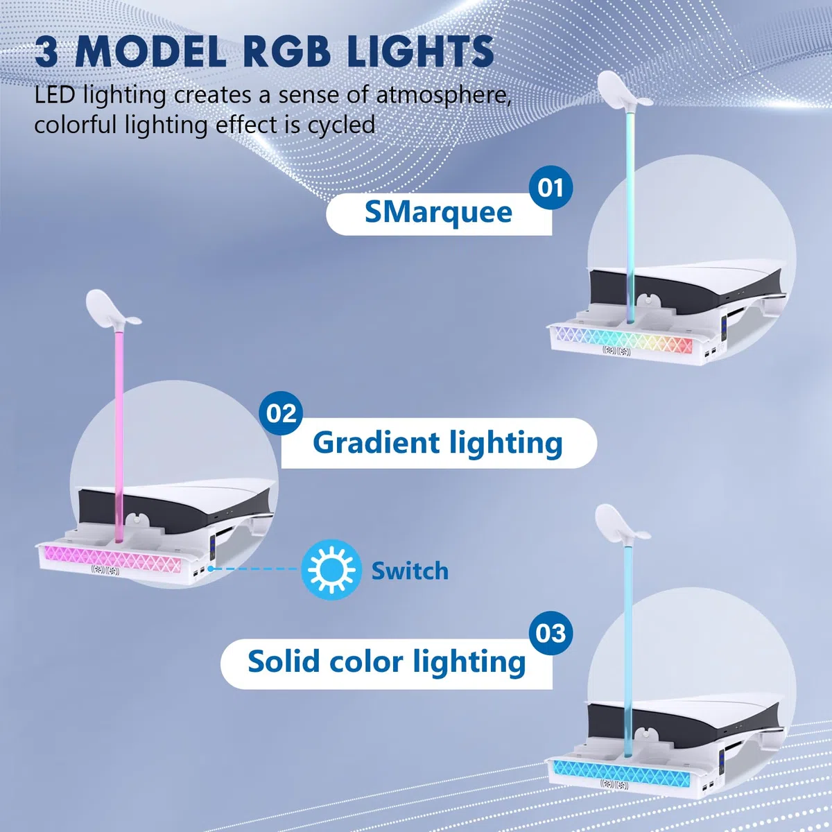 Sehawei Soporte para PS5 Slim/Pro con Ventilador de 2 Velocidades, Cargador para Mando PS5 con Luz LED, Soporte PS5 Horizontal con 2 Puertos USB y Holder Headphone para PS5 Slim (No para P5 2020)