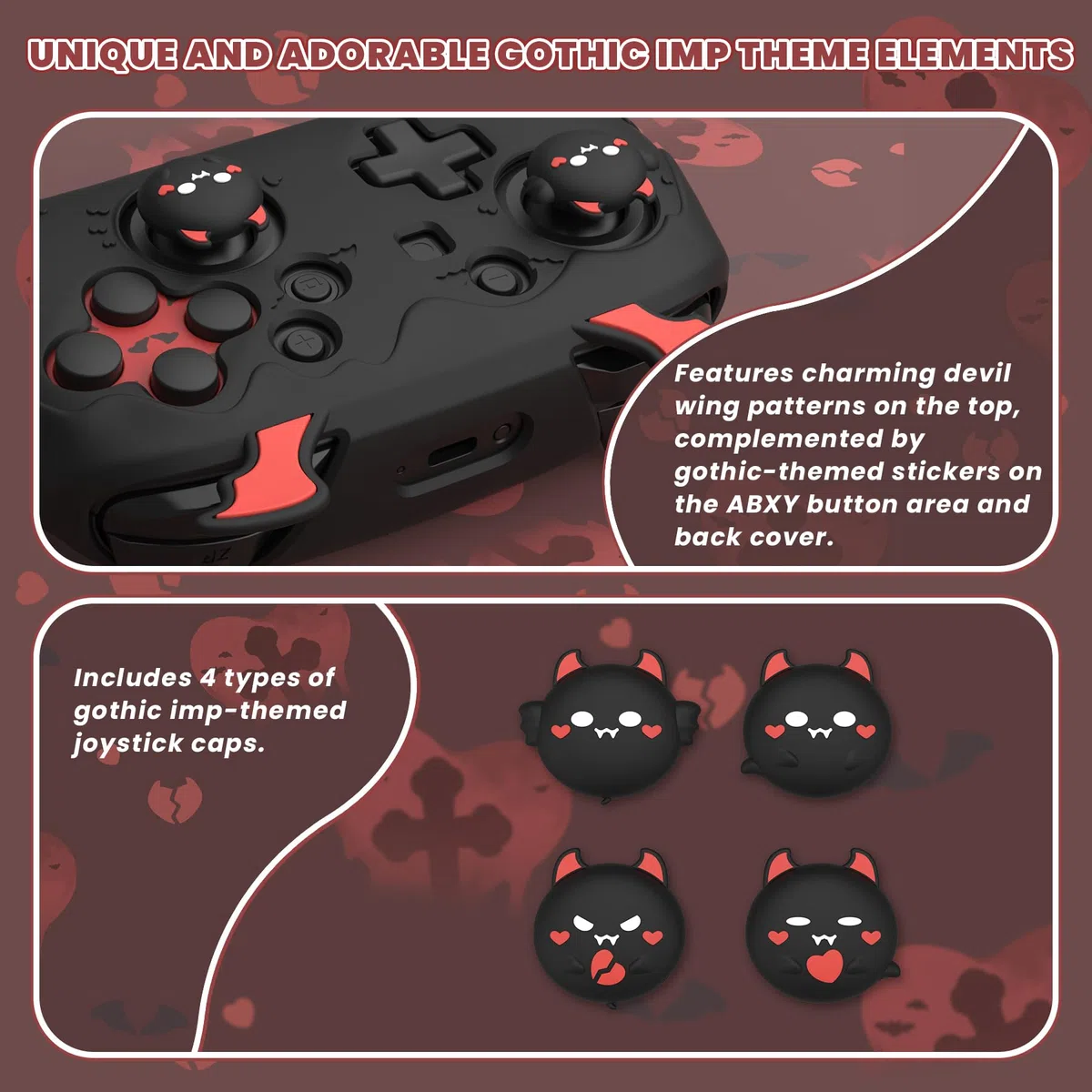 PlayVital Funda de Silicona para Nintendo Switch Pro Mando - Carcasa Protectora con 4 Agarres para el Pulgar y 2 Pegatinas, Antideslizante y Antirayaduras, Diseño Gótico (Negro)