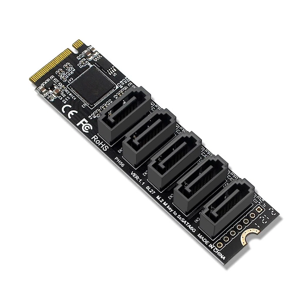 POFET Adaptador NVME a SATA M.2 a SATA convertidor de 5 puertos con radiador de aluminio JMB585 chip compatible con función PM