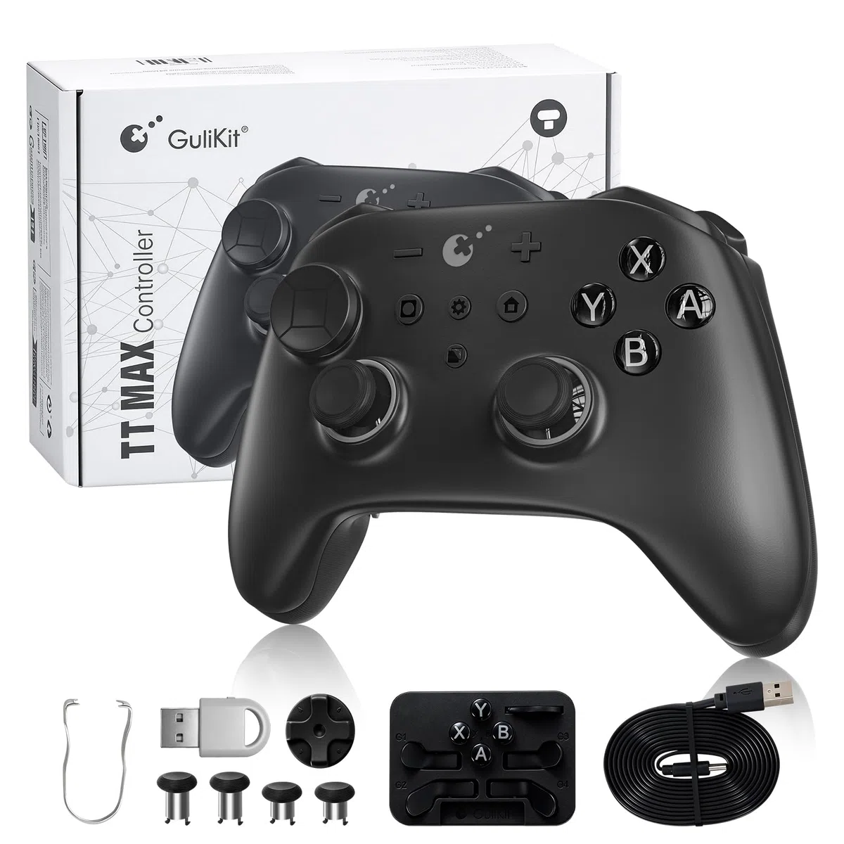 GuliKit TT Mando Inalámbrico para PC, Android, iOS, Switch 1/2, Joystick TMR, con Batería de 950 mAh, Función de Activación (Negro, TT MAX)