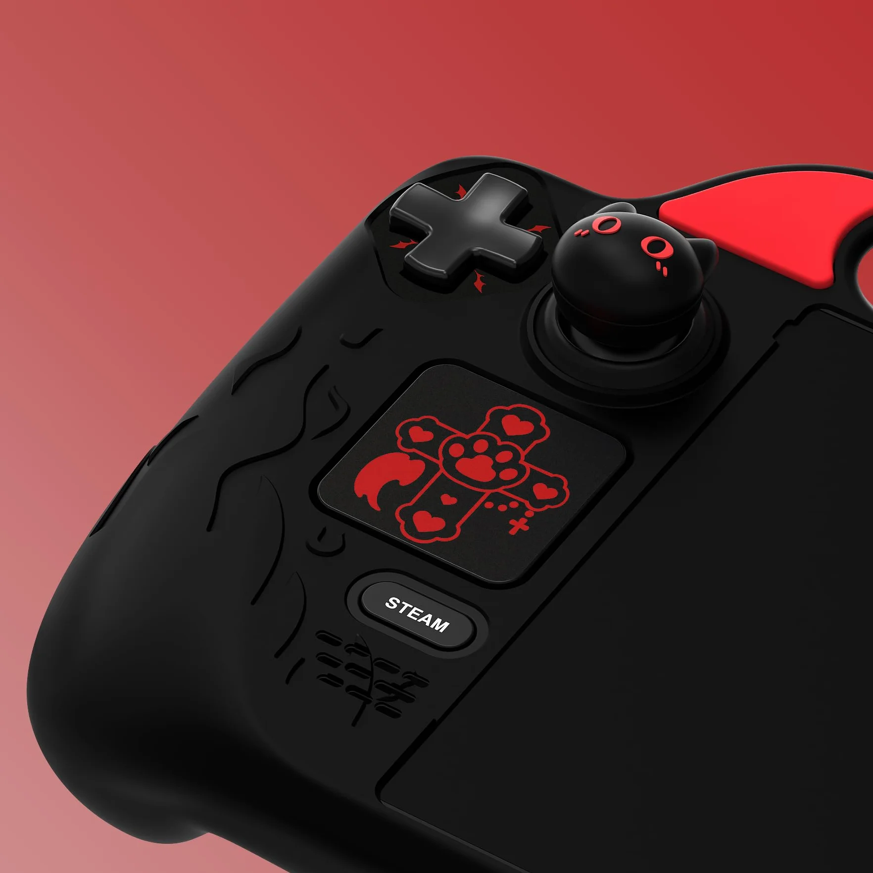 PlayVital Funda de Silicona para Steam Deck LCD & OLED - Protector Antideslizante con Tapas de Joystick & Pegatinas para Trackpad & Mejora de Botones Traseros Set, Diseño Cute Demon (Negro)
