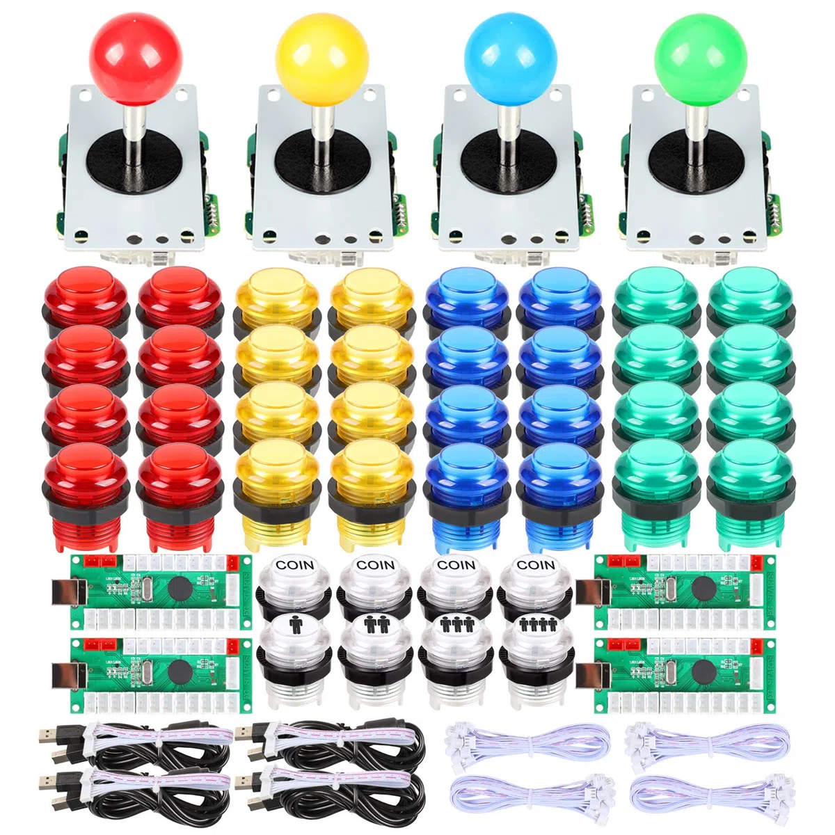 EG STARTS 4 Player Classic DIY Arcade Joystick Kit Parts USB Encoder para PC Juegos de controles 4/8 Way Stick 5V led Botones iluminados para videojuegos Consolas Mame Raspberry Pi y 4 colores