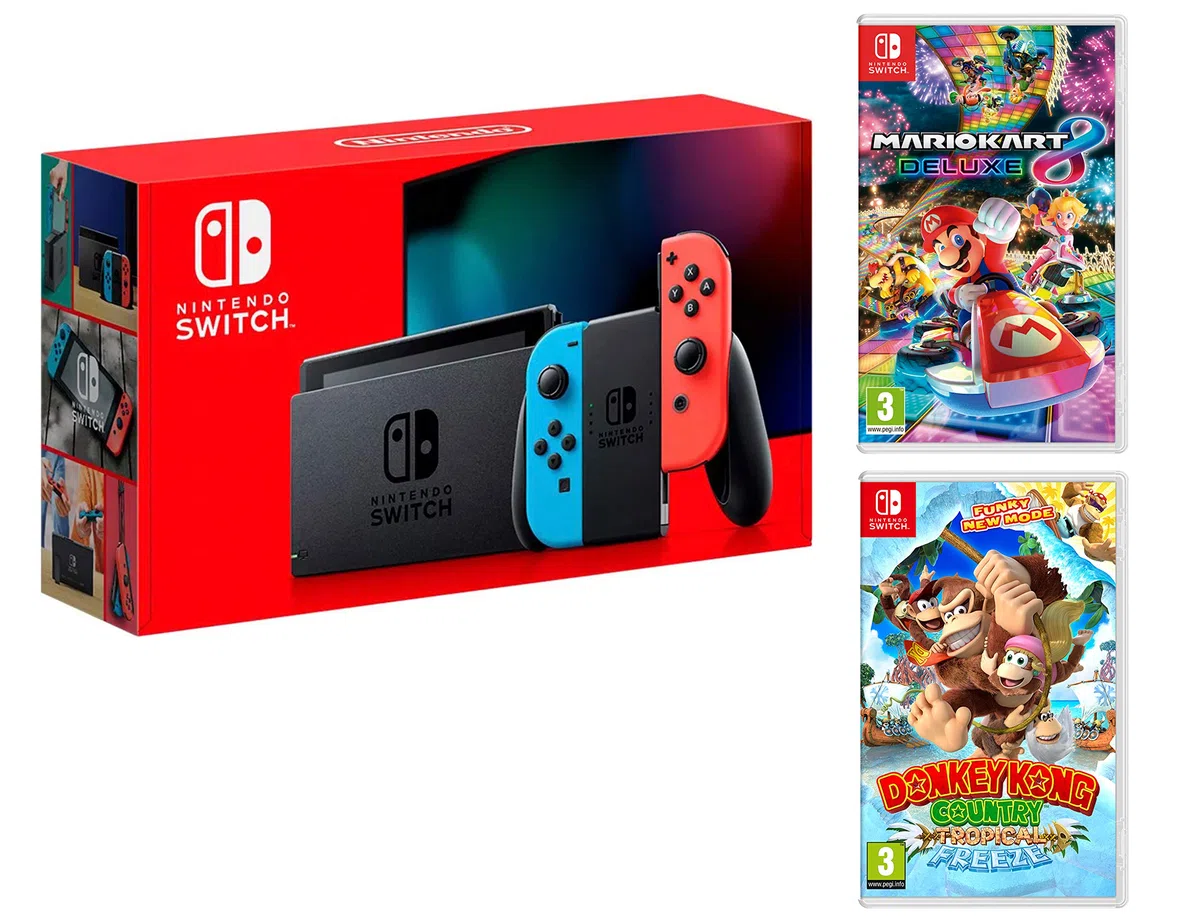 Nintendo Switch rojo/azul neón 32 GB Pack + Mario Kart 8 Deluxe + Donkey Kong: Tropical Freeze