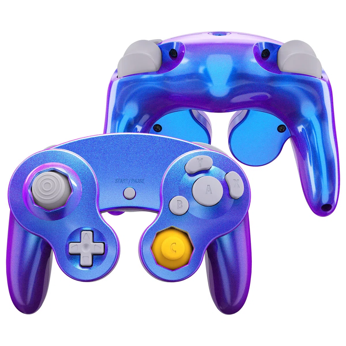 eXtremeRate Carcasa para Nintendo Gamecube Mando, Cubierta Frontal y Placa Posterior, Agarre con Botones, Accesorios de Repuesto - No Incluye Controlador, Azul a Violeta