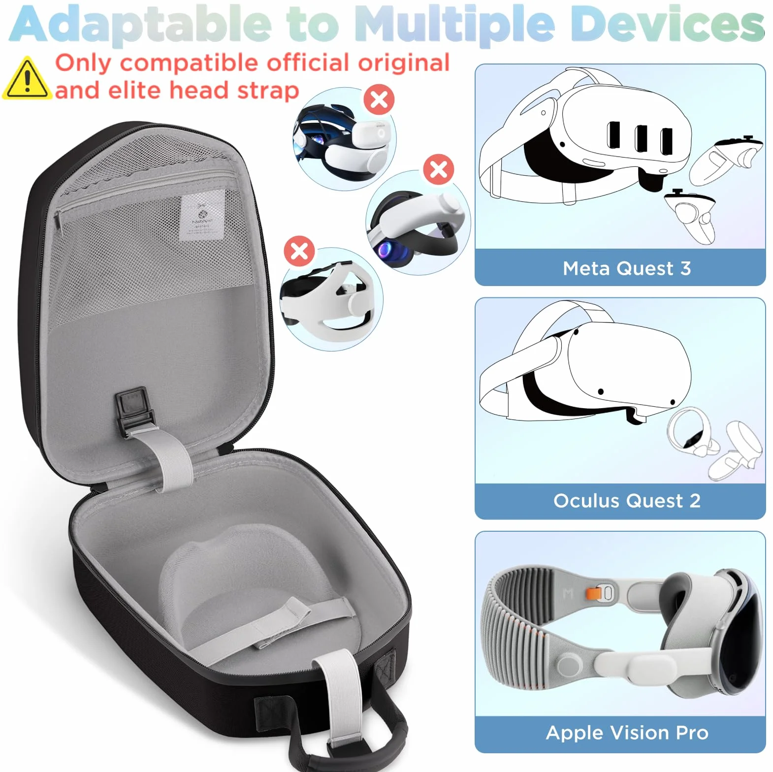 FOREGOER Funda de transporte rígida compatible con Meta Oculus Quest 2/Quest 3/Vision Pro, funda de almacenamiento portátil de viaje para auriculares originales oficiales de VR y controladores