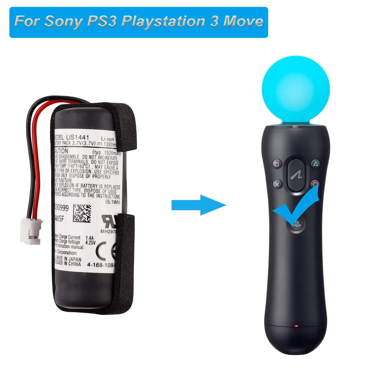 Batería de repuesto LIS1441 LIP1450 compatible con Sony PS3 PlayStation 3 Move Motion Controller