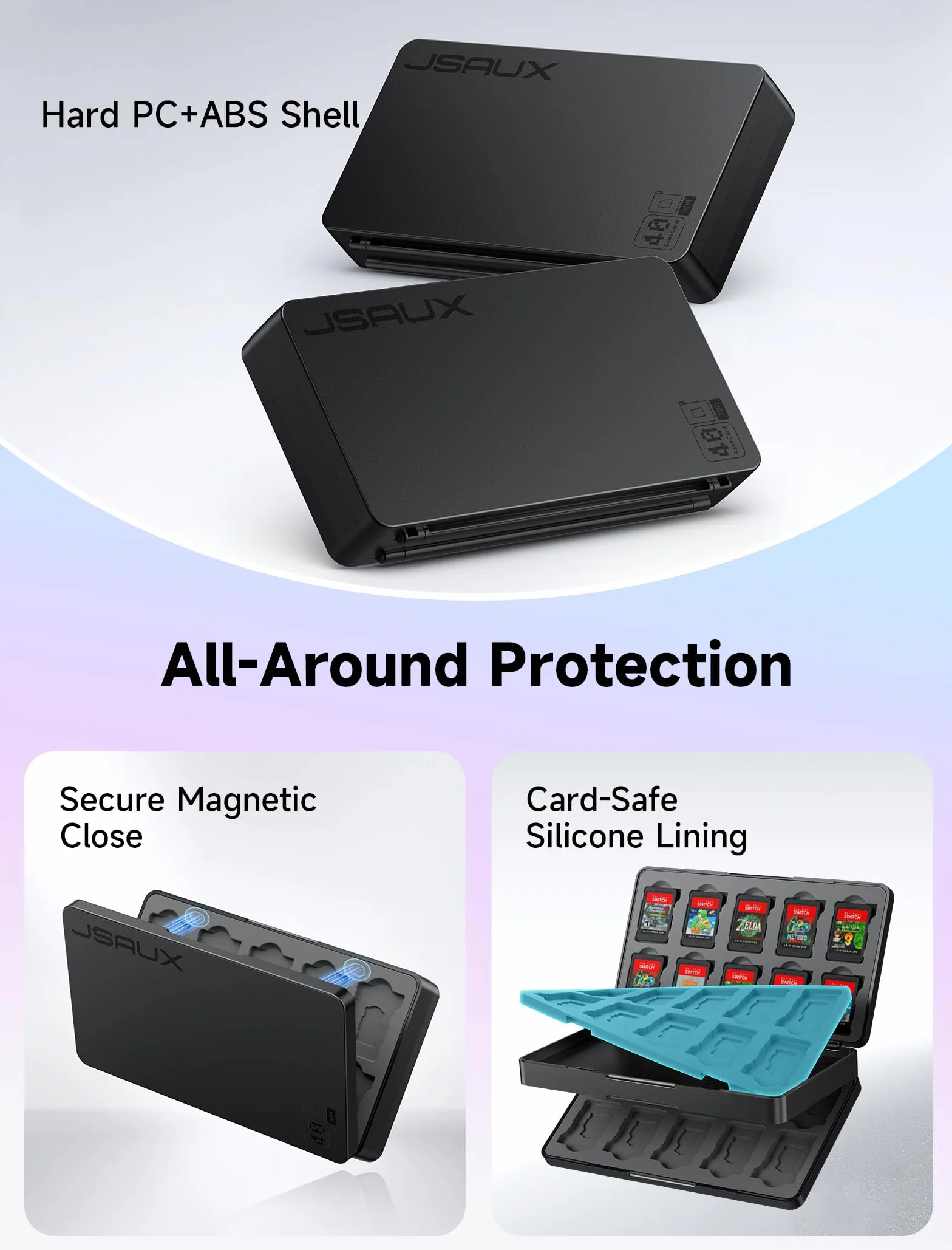 JSAUX Caja para Tarjetas de Juego Compatible con Nintendo Switch 2 (2025), Switch OLED y Lite, Game Card Case Estuche rígido para 40 Cartuchos y Tarjetas Micro SD, Accesorio para Switch – Negro