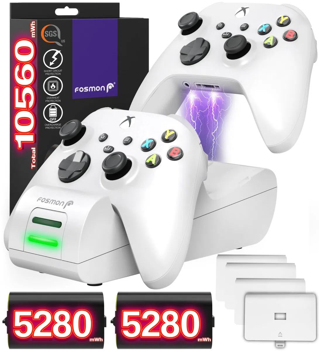 Fosmon Dual 2 MAX Cargador Compatible con Mando Xbox Series X/S (2020), Xbox One/One X/One S Elite Controller, (Doble Estación) Estación de Carga Rápida con 2x 2200mAh Ni-MH Batería Recargable -Blanco
