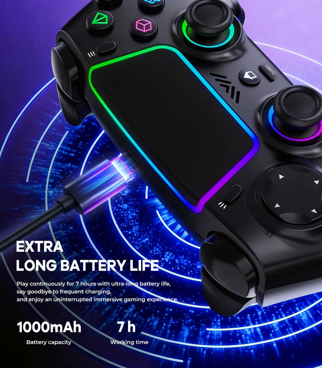 SZPACMATE Mando Inalámbrico para PS4/PS3/Switch/PC/iOS/Android/Steam Deck, con Luces RGB de 8 Colores/Joystick Effect Hall/Batería 1000 mAh/Turbo/Vibración Dual/Programable/Empuñadura Antideslizante
