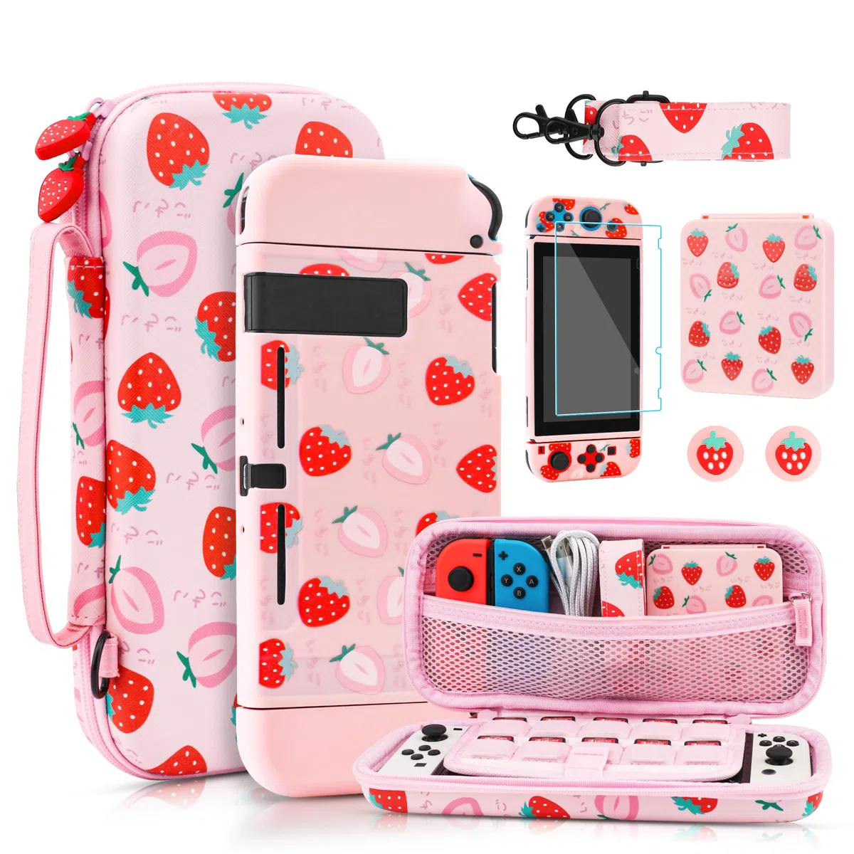 RHOTALL Bonita funda de transporte de fresa para Nintendo Switch, funda de viaje portátil rígida para accesorios de Switch con carcasa protectora, correa para el hombro, funda para tarjetas de juego,