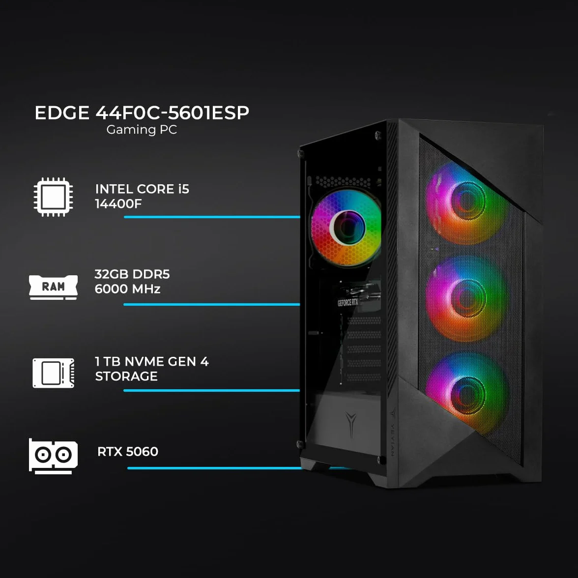 YEYIAN Gaming PC Edge | Intel i5-14400F 10-Core (4.7GHz OC) | NVIDIA RTX 5060 8GB GDDR7 | 32GB (2x16) DDR5 6000MHz | 1TB NVMe SSD Gen4 | Windows 11 Pro