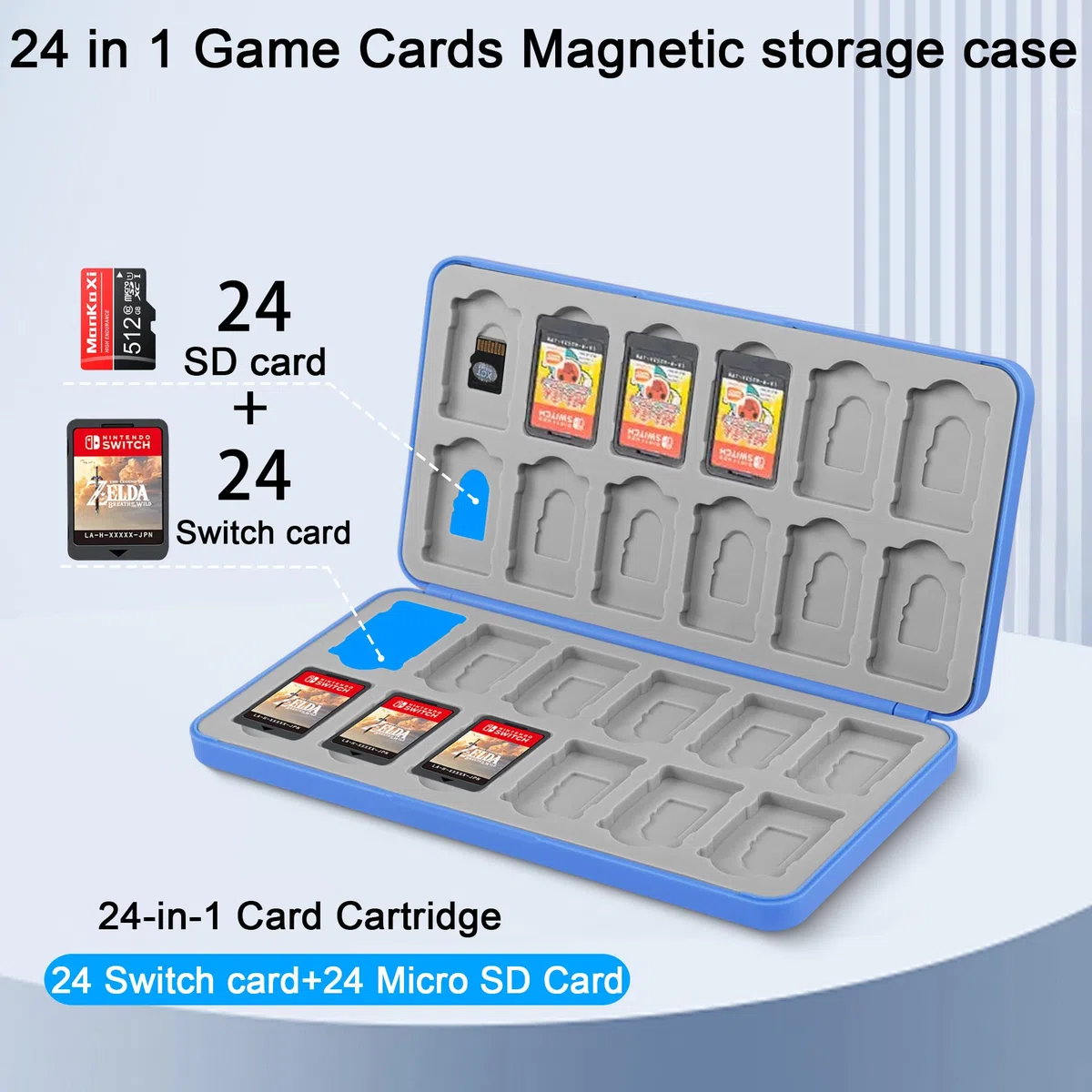 QIANRENON 24 en 1 Switch Tarjeta Caja Organizador Magnética MicroSD Juego Tarjeta Almacenamiento Caja, Acomoda 24 NDS+24 MicroSD tarjeta, para NDS Switch OLED Switch Lite, Azul /Patrón Astronómico