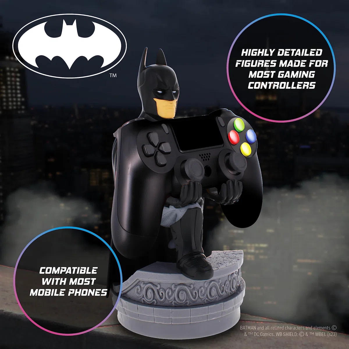 Cableguys Warner Bros Batman Soporte Mando y Movil - Figuras Soporte para movil y Mando, Compatible con Xbox, PlayStation y la mayoría de mandos estándar, Accesorios Escritorio para Setup Gaming