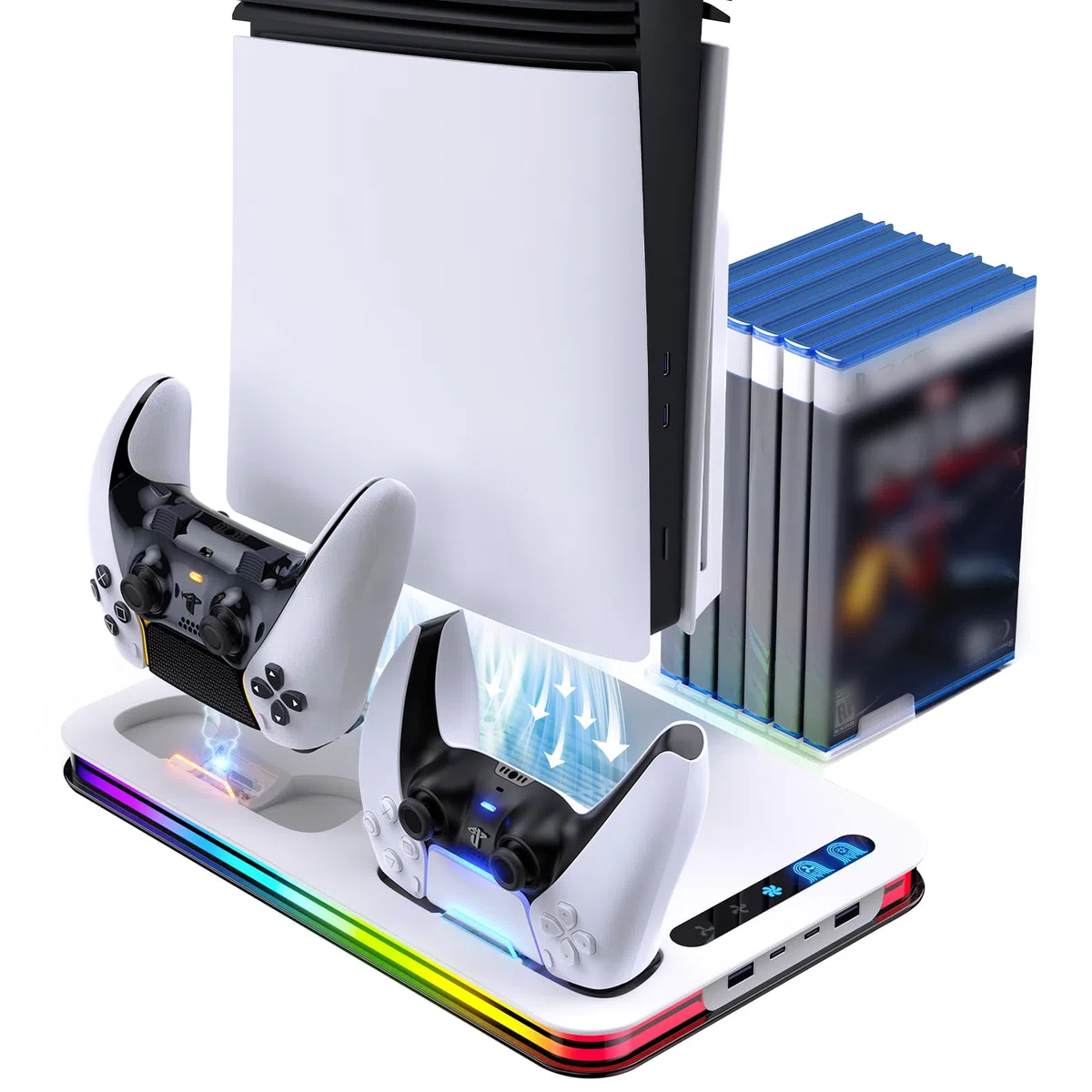 Soporte para PS5/PS5 Slim/PS5 Pro con Ventilador de 3 Velocidades, PS5 Soporte Vertical con 8 Luces RGB y Estación de Carga de Dual Dontrolador 4 Puertos Ranuras de 6 Juegos, Accesorios para P5