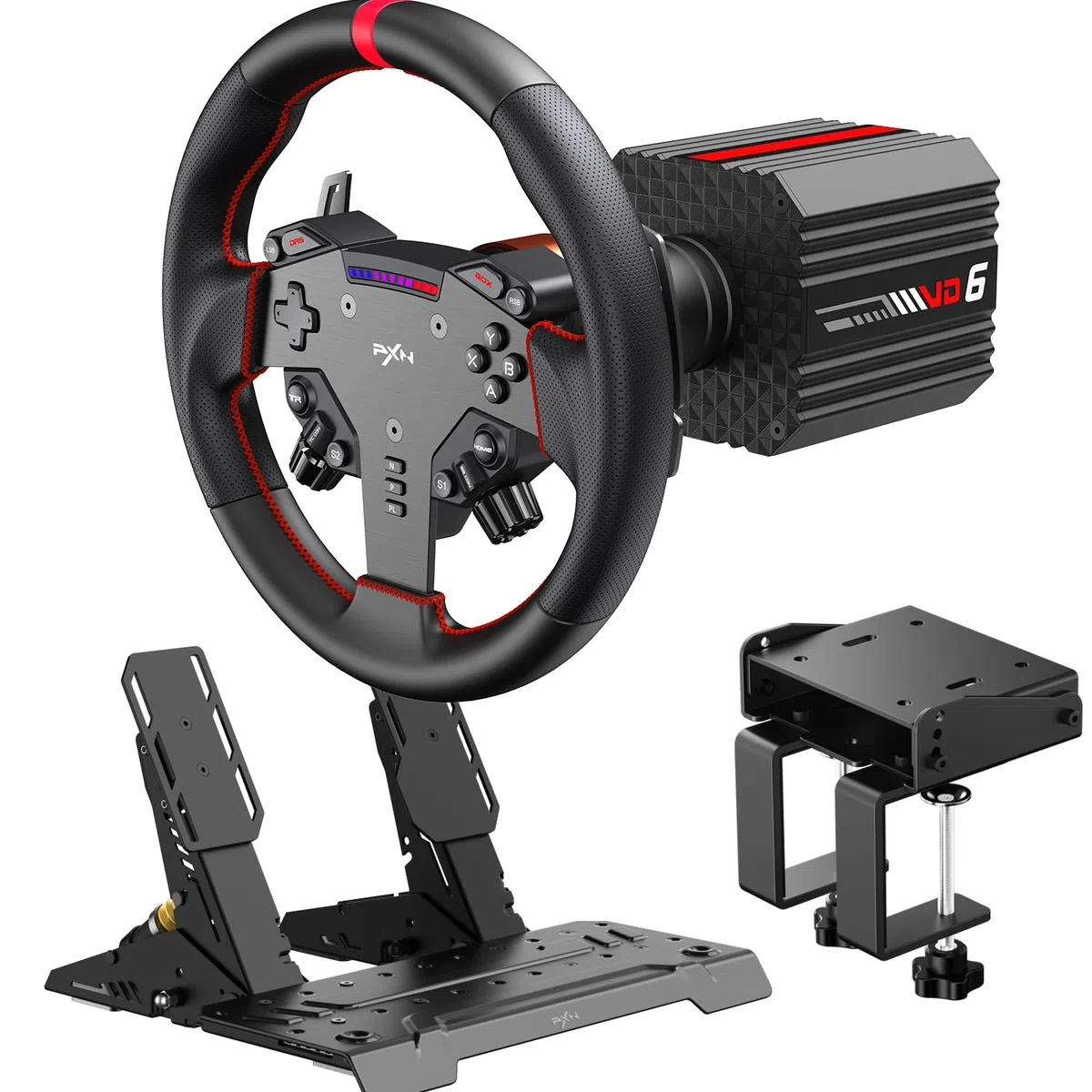 PXN VD6 Conjunto de Volante para Simracing 6 Nm – Base Servo de Baja Inercia, Volante de Carreras W AS, Pedales PD HM Hall y Abrazadera de Escritorio – Compatible solo con Windows 7 a 11 en PC | Base servo 6Nm con QR, volante 28cm, 2 pedales, mordaza, sop