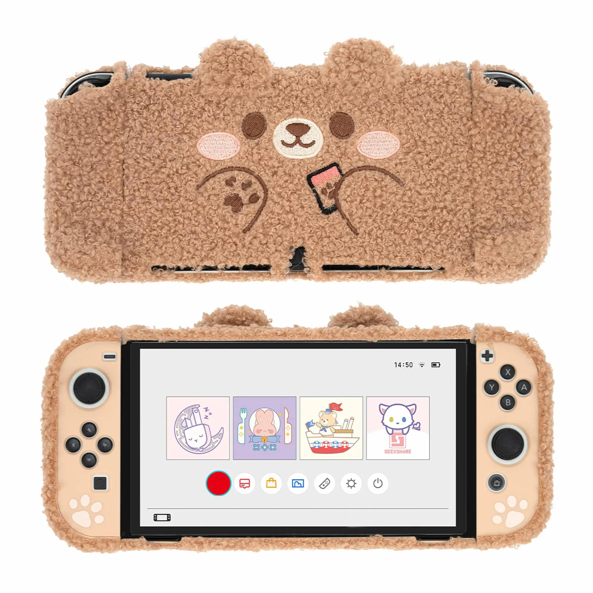 GeekShare Linda Funda Protectora de Felpa Compatible con Consola Switch OLED y Joy con - Absorción de Golpes y antiarañazos - Oso de Peluche