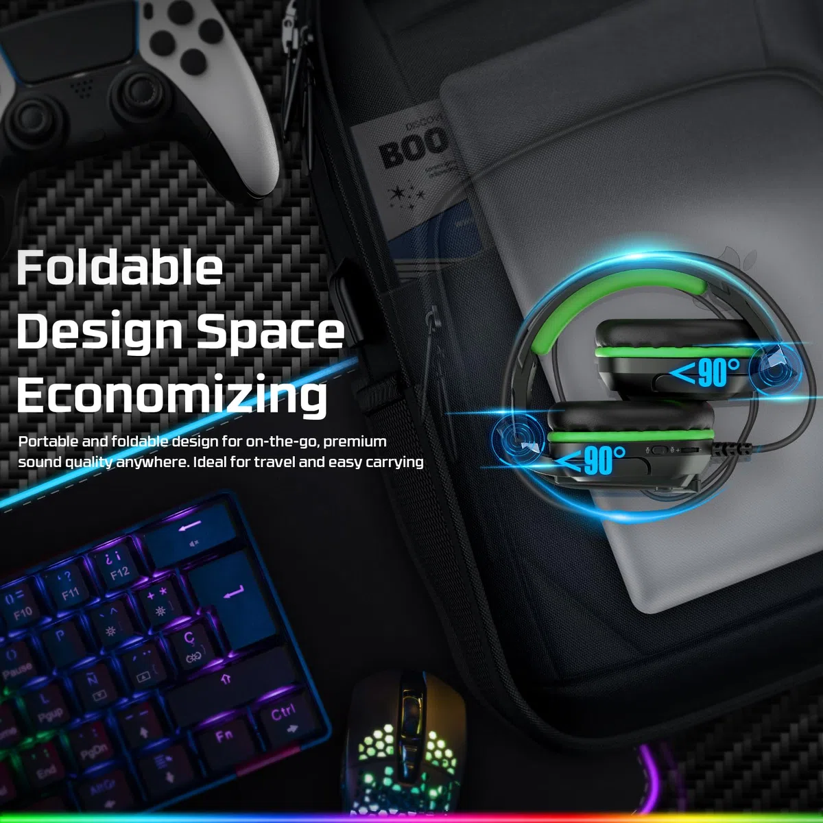 Fachixy FC-200 Cascos Gaming para PS4, PS5, PC, Xbox, Nintendo Switch, Auriculares Gaming para PS5 con micrófono ENC, para Juegos de 3,5 mm con luz RGB (RGB Negro Verde)