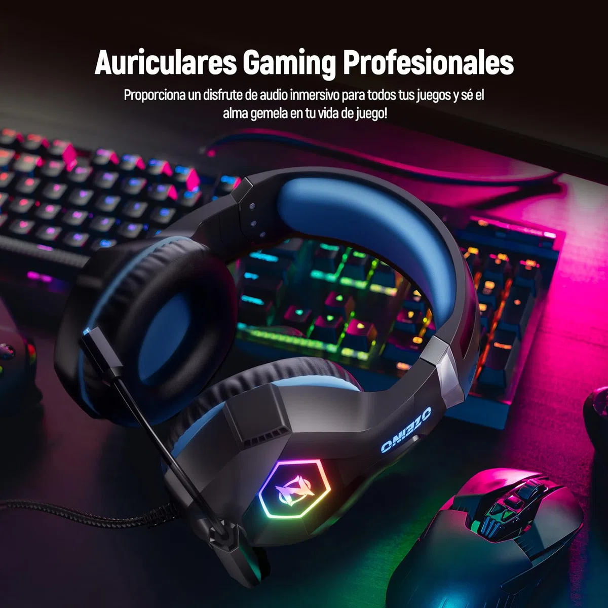 Ozeino Cascos Gaming, Auriculares Gaming con Micrófono Rotatorio, Luz RGB, Premium Stereo, Orejeras Ligero Cómodo, para Ps4 Ps5 Xbox PC Switch Tableta Laptop