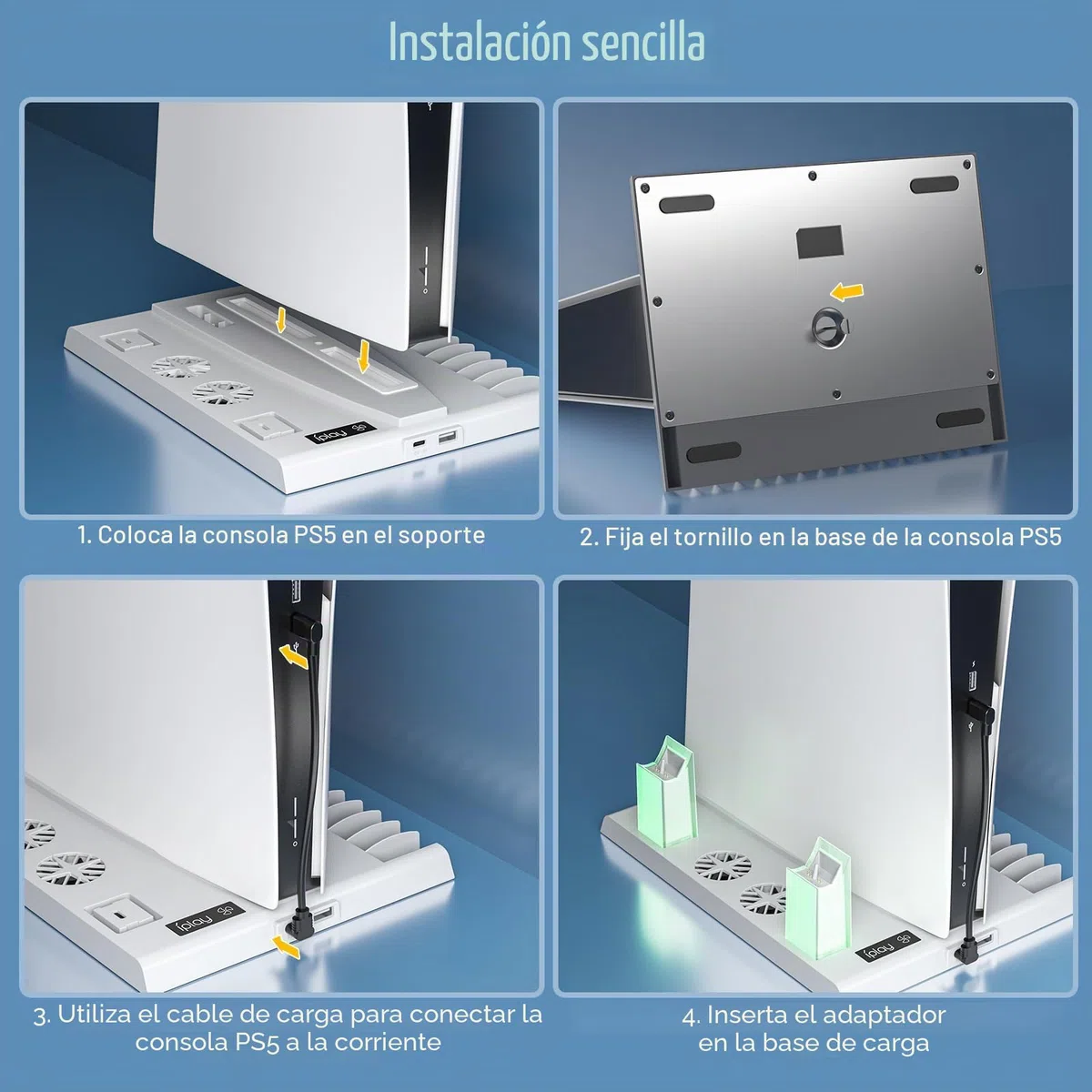 Soporte PS5 con Ventilador y Estación Carga Mando PS5, Multifuncional Soporte Refrigeración con Indicador LED Accesorios Playstation 5 15 Ranuras de Juegos(Edición Disc&Digital) (Blanco)
