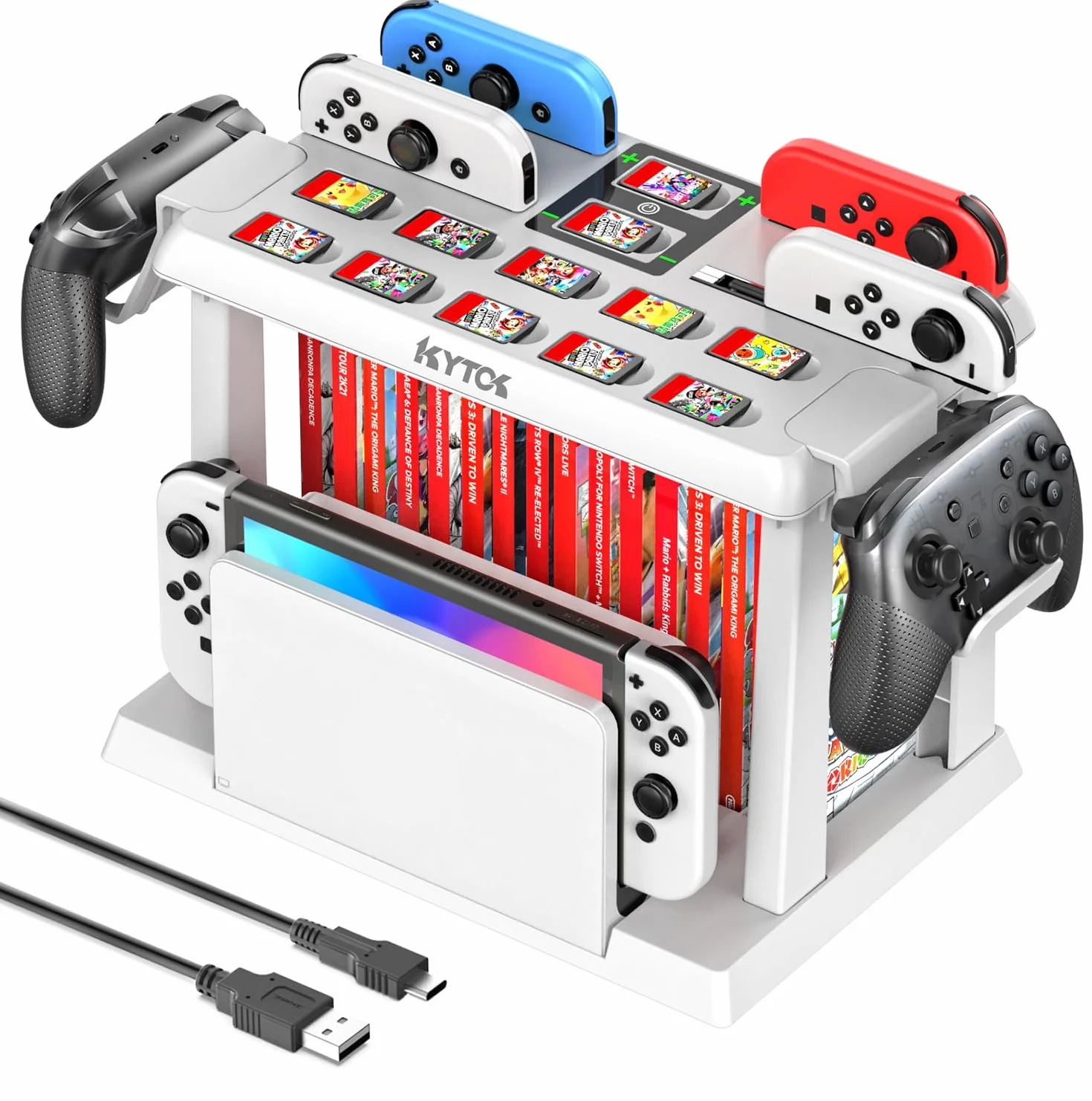 Kytok Soporte Almacenamiento para Nintendo Switch/OLED con Cargador para Joycon, Torre Almacenamiento para Accesorios de Switch, Soporte Organizador para Nintendo Switch Juegos, Mando Pro y TV Dock