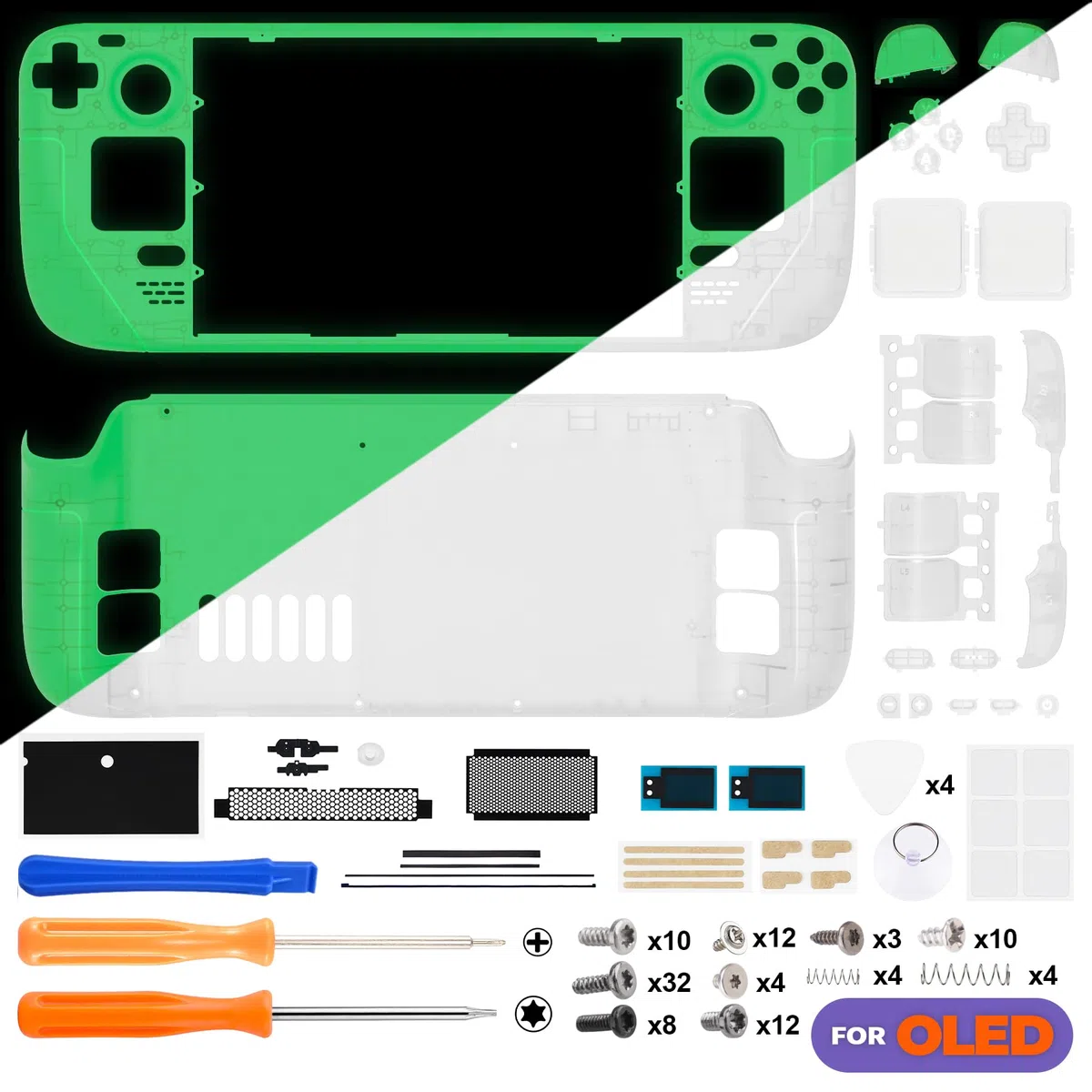 eXtremeRate Carcasa Transparente Compatible con Steam Deck OLED Accesorio Placa Frontal Cubierta Trasera y Trackpad Funda Case con Botones para Steam Deck OLED-Consola NO Incluida(Brilla en Oscuridad)