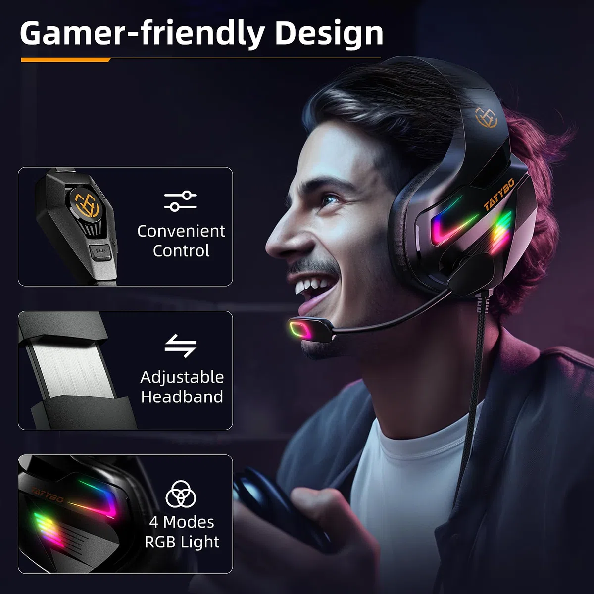 Cascos Gaming con Micrófono, Cascos con Nivel de Sonido Envolvente Rico, Orejeras Grandes y 4 Modo Luz RGB, Auriculares Gaming para Ps4 Ps5 PC Xboxone Switch