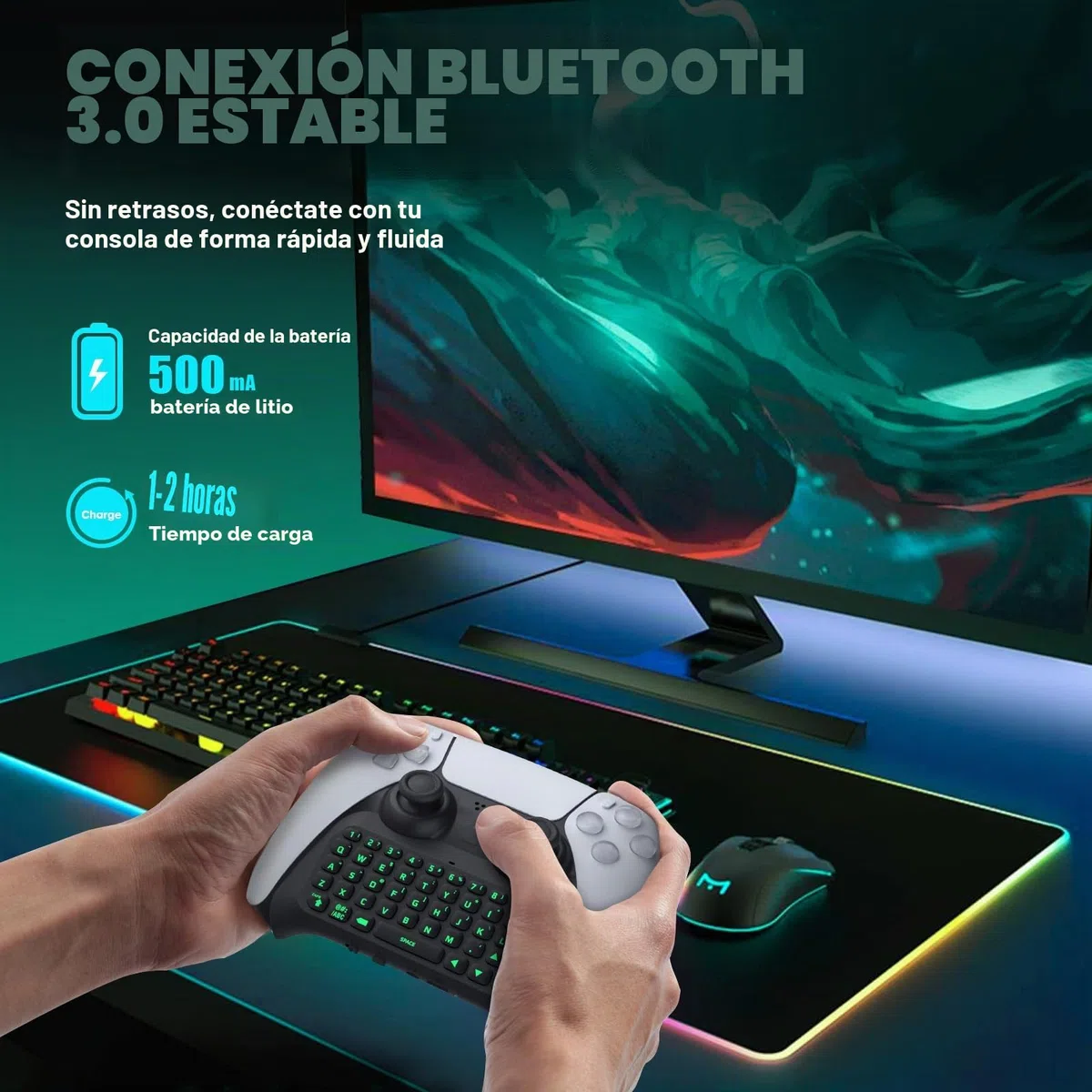 TiMOVO Teclado Inalámbrico Compatible con PS5, Teclado de Controlador Bluetooth con Genial Retroiluminación Verde, 47 Teclas, Altavoz Incorporado, Conector de Audio de 3,5 mm para Mando PS5, Negro