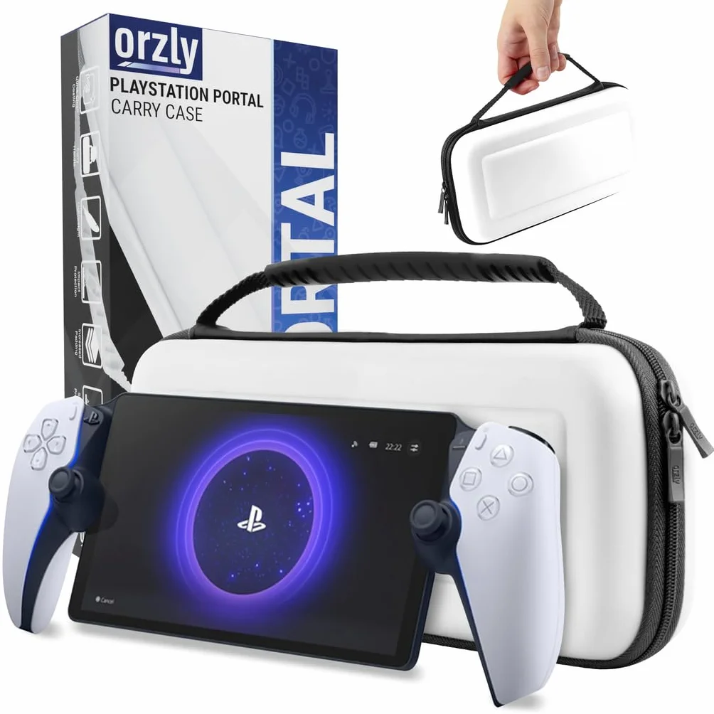 Orzly Estuche de Transporte para Reproductor Remoto PlayStation Portal, Accesorios para Consola PS5, protección para Viajes y Almacenamiento, Cargador de Auriculares Blanco/Negro - Edición de Regalo