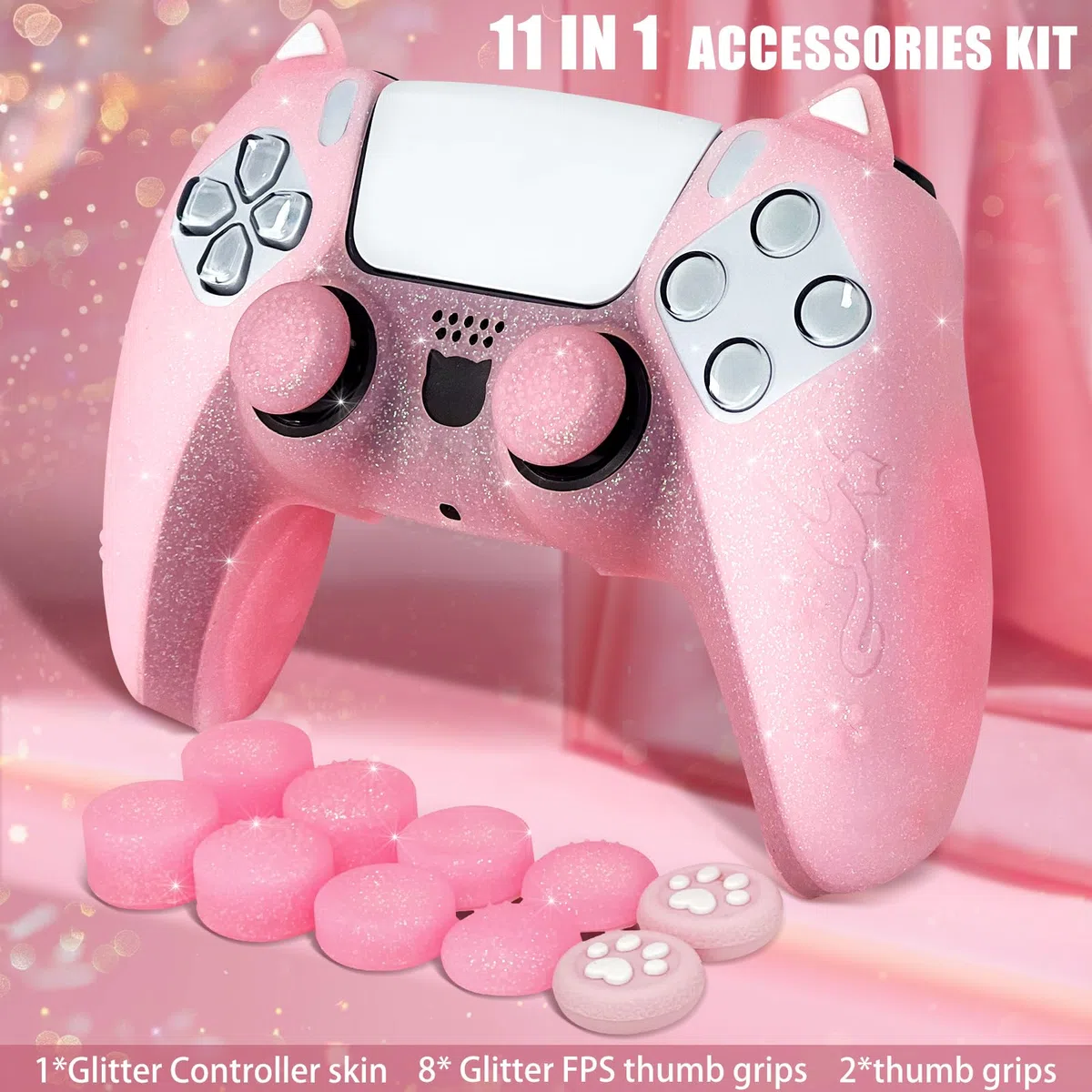 Funda Protectora de Silicona Antideslizante con Purpurina de Gato Rosa Compatible con Controlador PS5/Slim/Pro, 8 Tapas de Agarre para Pulgar con Purpurina y 2 Tapas de Agarre de Patas.