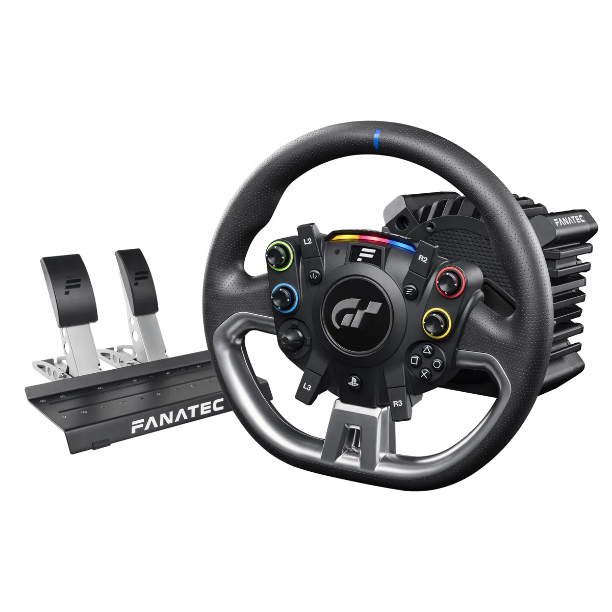 Fanatec CSL Elite Volante de Carreras, Base y Pedales Licencia Oficial Gran Turismo DD Pro Playstation – Volante Polyphony Digital, FluxBarrier Direct Drive, Juego de dos Pedales para PC, PS5, PS4