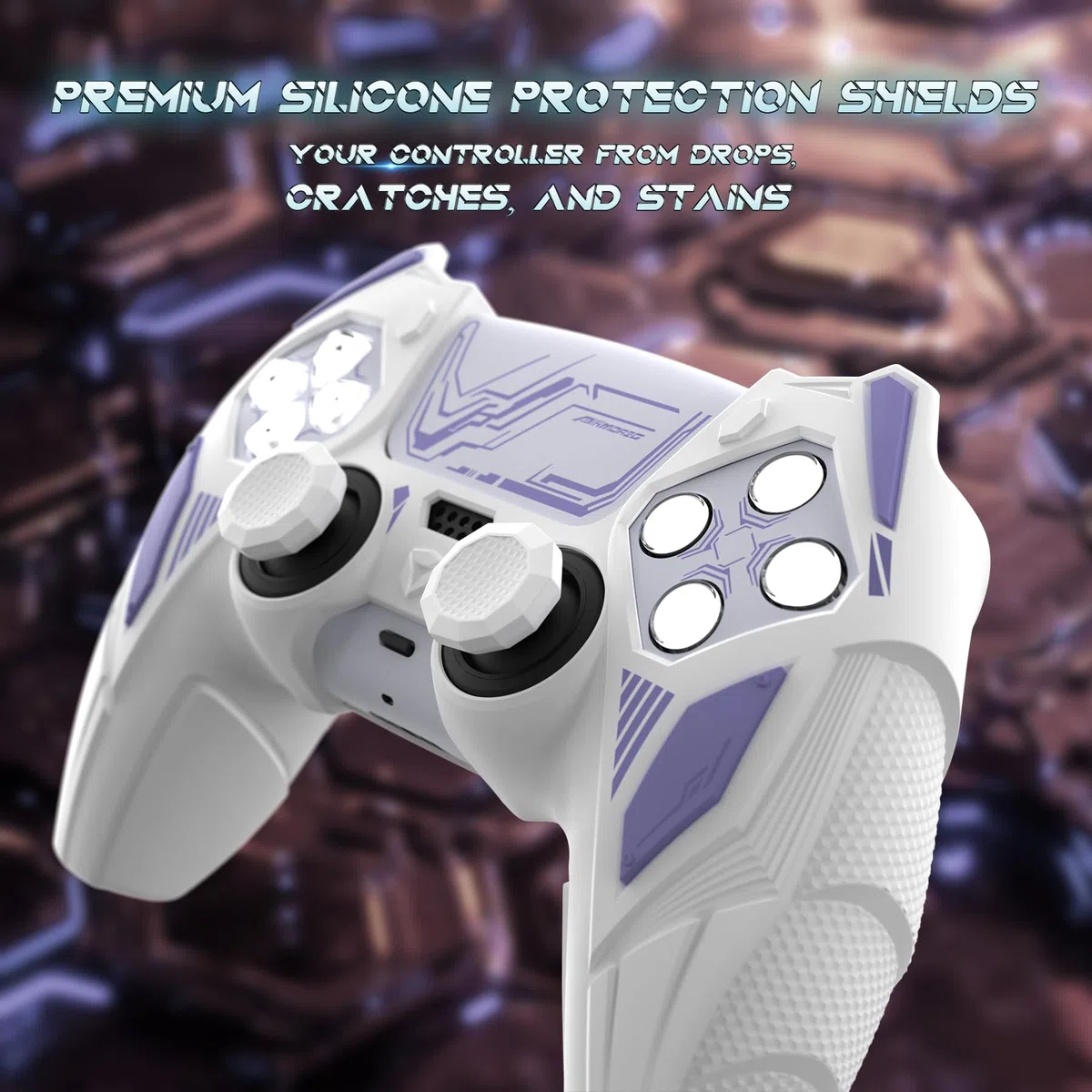 PlayVital Funda de Silicona para ps5 Mando - Carcasa Protectora con Tapas para Pulgar y Pegatinas, Accesorio Antideslizante Compatible con Estación de Carga - Mecha Rhino (Blanco & Violeta Claro)